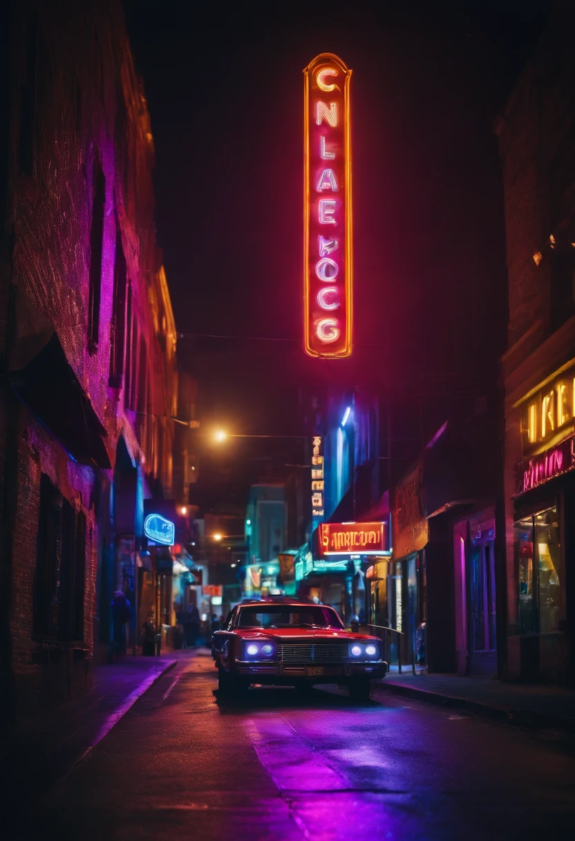 An urban city street at night, with colorful neon signs illuminating the road, creating a vibrant and energetic ambiance