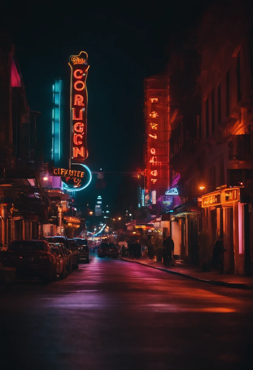 An urban city street at night, with colorful neon signs illuminating the road, creating a vibrant and energetic ambiance