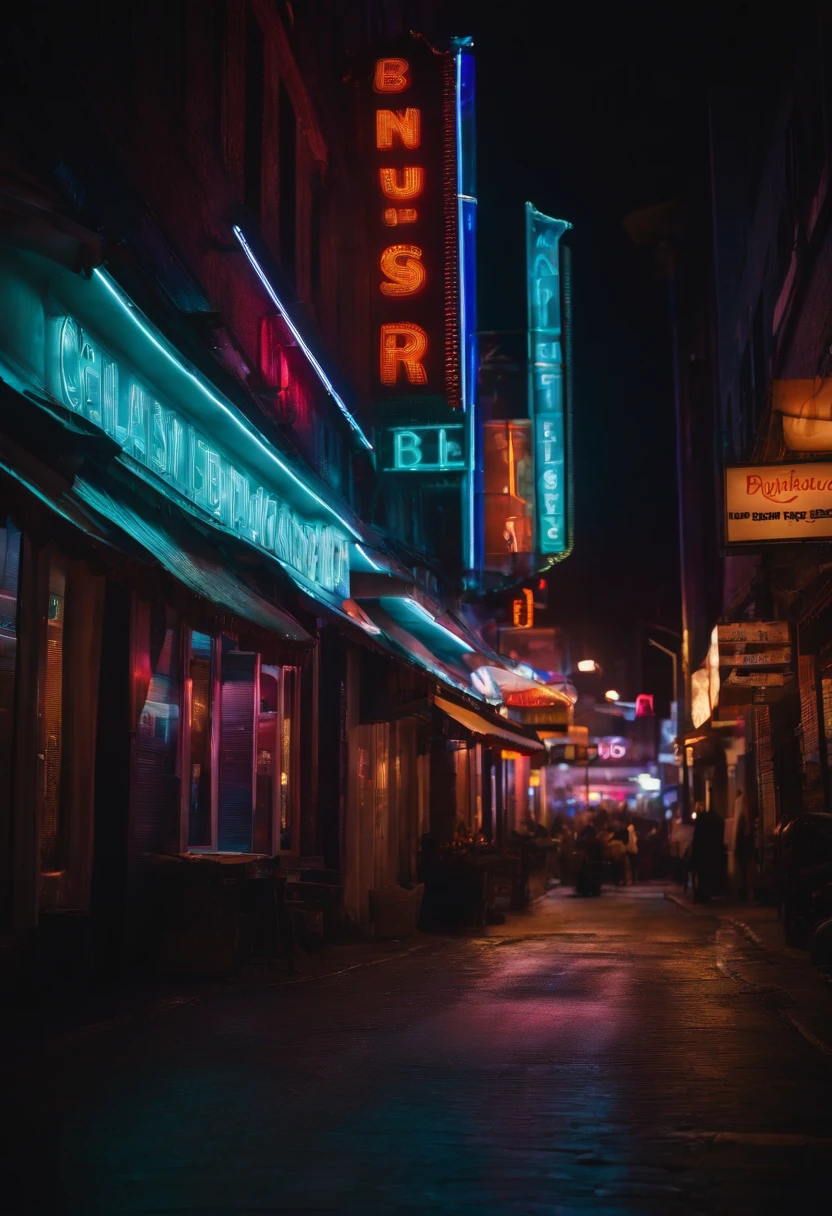 An urban city street at night, with colorful neon signs illuminating the road, creating a vibrant and energetic ambiance