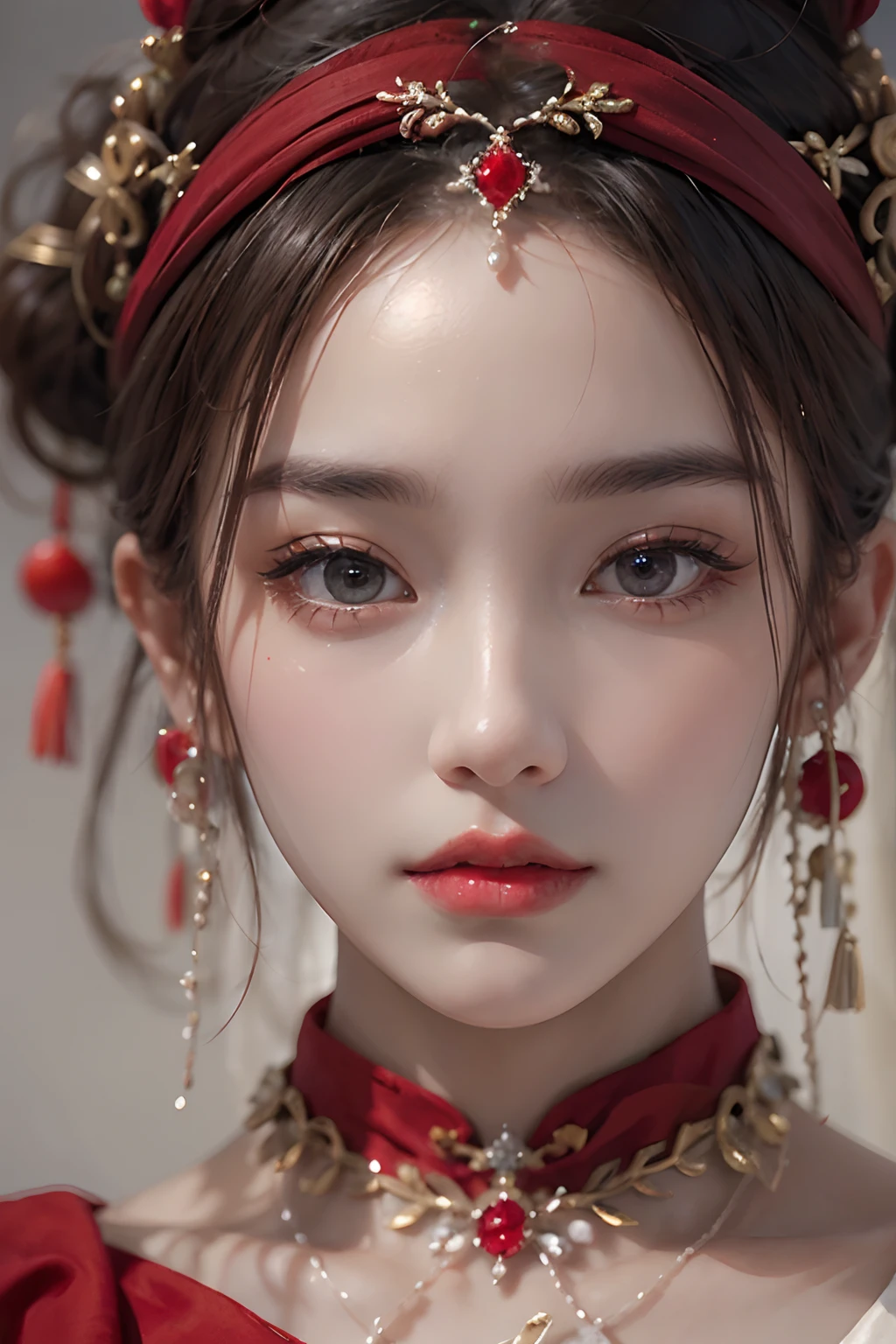 Photorealistic, high resolution, 1 Women, Solo, Hips up, Beautiful eyes, Long hair, Red wedding dress, The red dot on the forehead Chinese, Gorgeous accessories, Wearing pearl earrings
