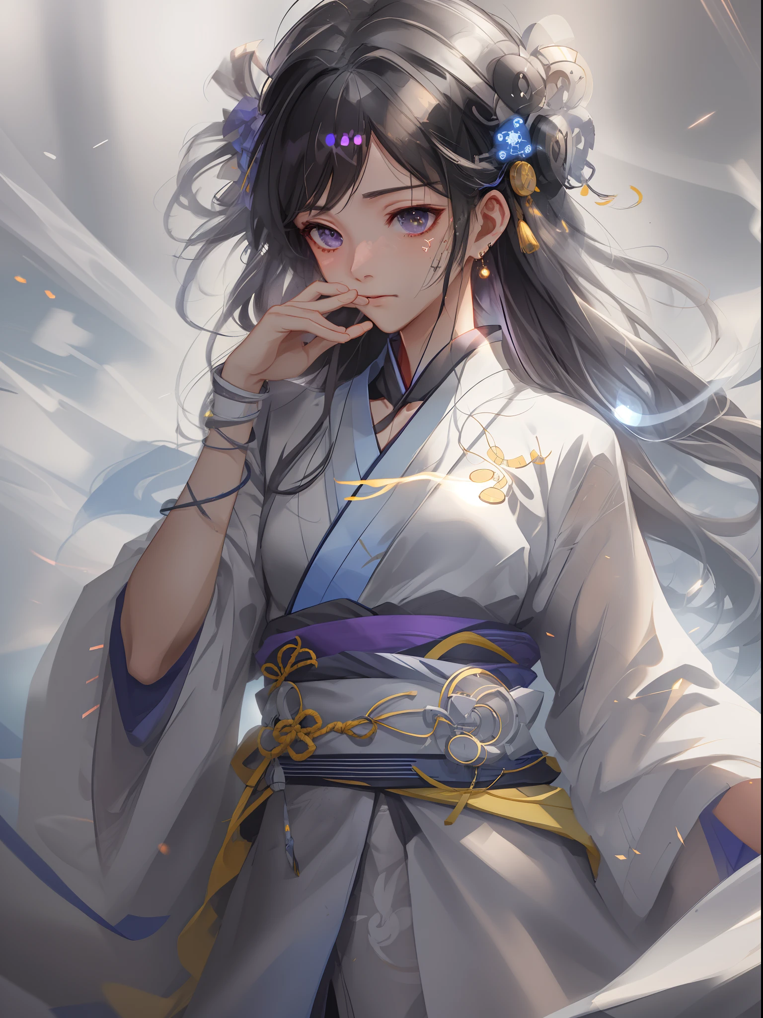 A handsome Chinese girl, sharp eyes, clear facial features, wearing Hanfu, combat posture, martial arts movements, body surrounded by purple mist, runes around, holographic reality, holographic halo, motion blur, game light effects, edge light, soft light, movie edge light, delicate light, masterpiece, super detailed, epic composition, super HD, high quality, highest quality, 32k