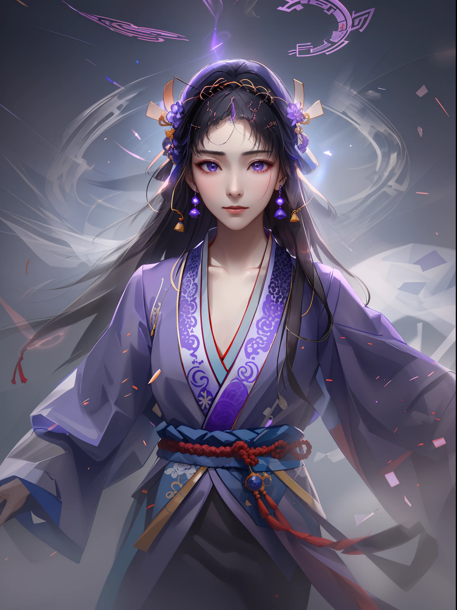 A handsome Chinese girl, sharp eyes, clear facial features, wearing Hanfu, combat posture, martial arts movements, body surrounded by purple mist, runes around, holographic reality, holographic halo, motion blur, game light effects, edge light, soft light, movie edge light, delicate light, masterpiece, super detailed, epic composition, super HD, high quality, highest quality, 32k