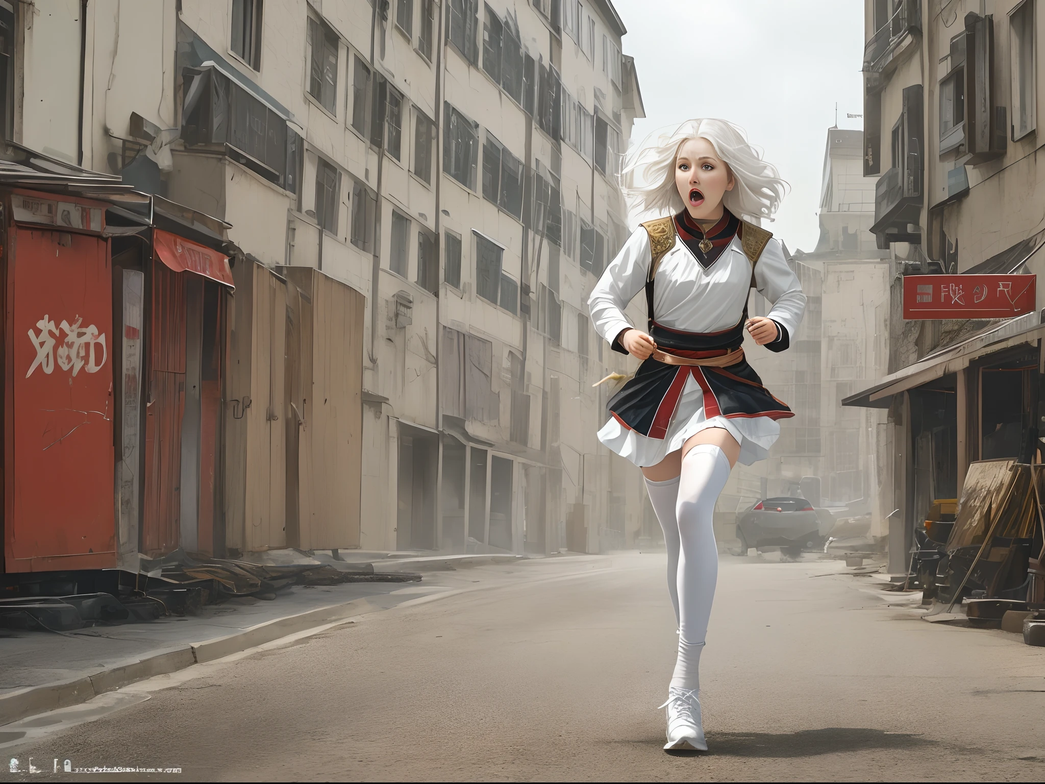 Short wavy white hair White hair Slavic woman in her 20s A little troubled face Panicking Panicking Realistic Top quality Running Full body depicted Woman dressed like a warrior