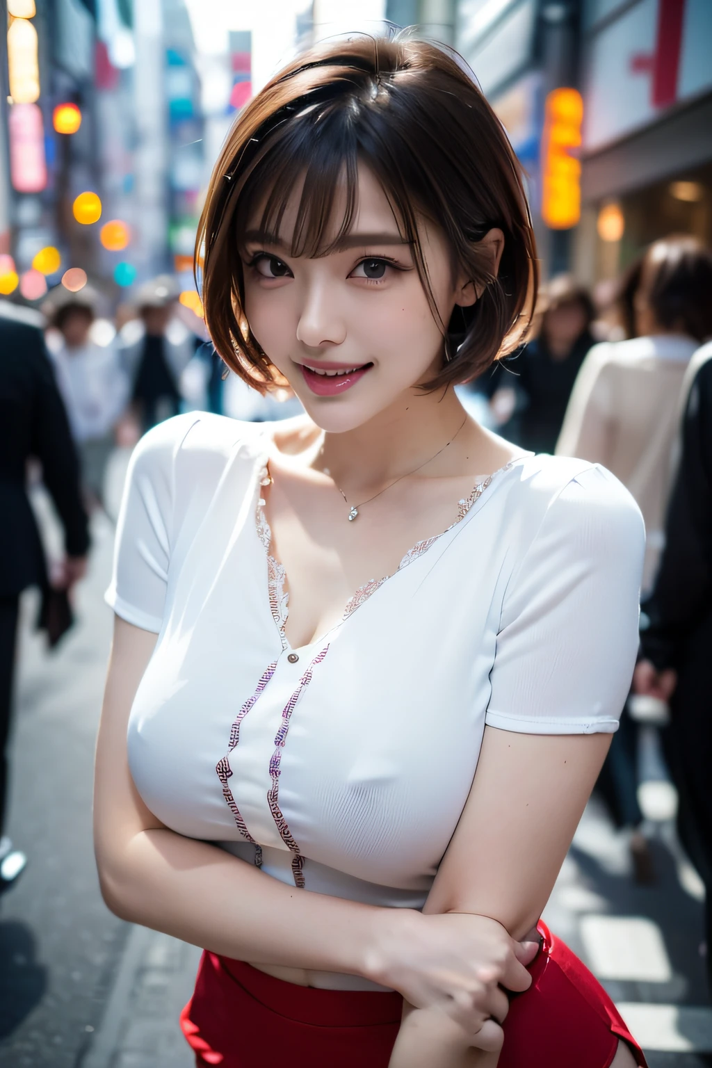 (Raw photo, Best Quality), (Realistic, Photorealsitic:1.3), masutepiece, extremely delicate and beautiful, Extremely detailed, nffsw, Unity , 2k wallpaper, amazing, finedetail, lightsmile, Highly detailed ticker Unity 8k wallpaper, hugefilesize, Ultra-detailed, hight resolution, absurderes, Soft light, (((Short hair:1.3), short length bangs, Floating Hair NovaFrogStyle)), ((The Ultimate Beautiful Japan Married Woman)), 50 generations, A detailed eye, (big eye:1.3), Detailed lips, extremely detailed eye and face, beautiful detailed nose, Beautiful detailed eyes, long eyelashes, Light on the Face, (Separated lips:1.2), (Beautiful white teeth:1.3), Mature Face, ((large full breasts)), Realistic face, Realistic body, Beautiful detailed thighs, ((Light Purple Silk Blouse))、(((Tight micro mini skirt in red)))、thighs thighs thighs thighs、(Cowboy Shot:1.3), ((depth of fields))、Background with：((The city of Ginza, tokyo prefecture))