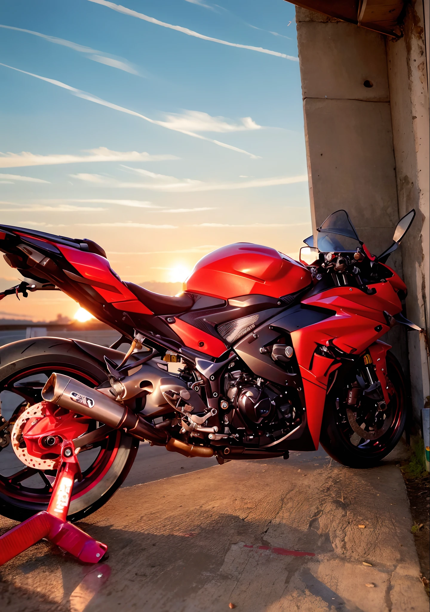 there is a motorcycle parked in a garage with a red tape, front side full, yoshimura exhaust, captured with sony a3 camera, taken with sony a7r camera, side front view, motorcycle, front side, samurai vinyl wrap, f 3 2, f32, front side views full, rear shot, front side view, motorbike, front profile
