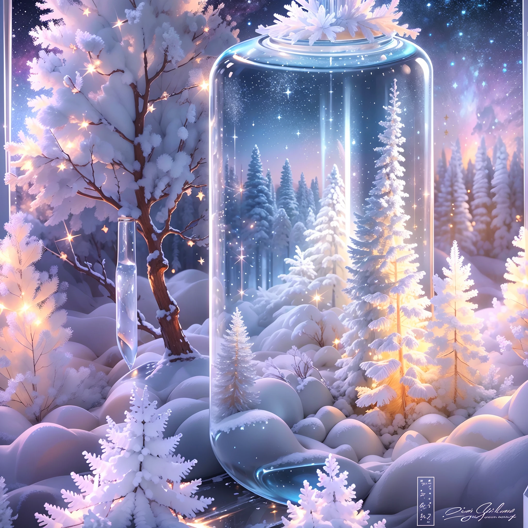 Best quality, super ultra-detailed, photorealistic medium, photorealistic, painting, rime, soft rime covered pine forest, beautiful ice and snow soft rime, glowing, ethereal, night sky, clear glass bottle, reflective sense, sparkling stars, hard rime landscape, magical scene, bright colors, pastel tones, warm golden light, tranquil atmosphere