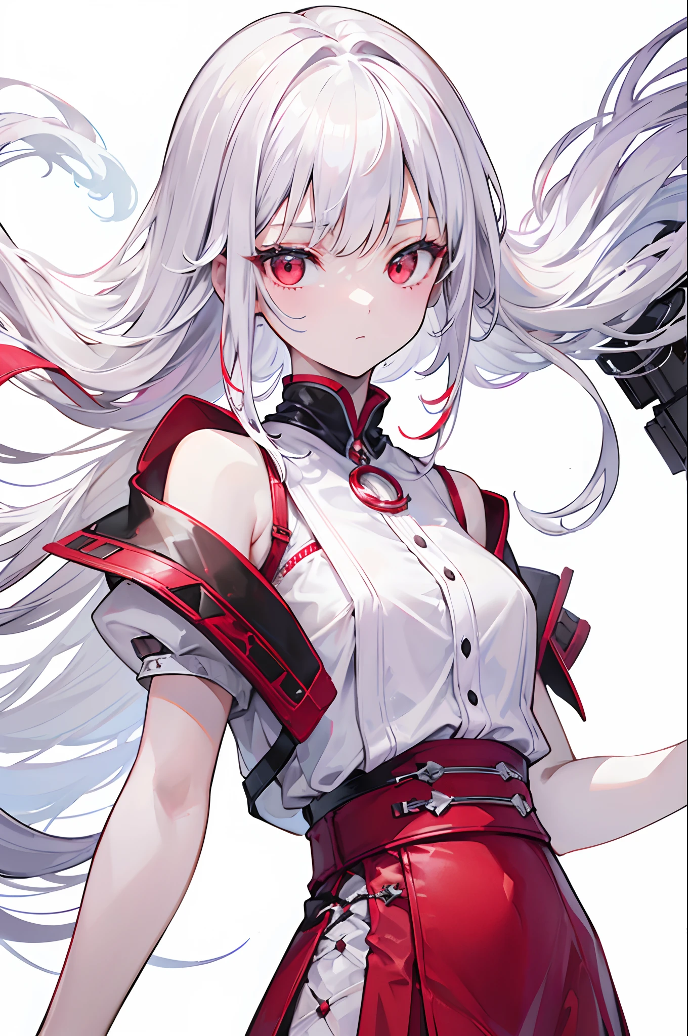 a 20 yo woman, (White background Solid white background:1.5), full body, (masterpiece:1.2), best quality, 8K, bright art style, (Incredibly ridiculous absolute resolution:1.5), extra high resolution, (natural skin textures, Hyper-Realism, Soft light, sharp), original character, Wear Blackberry sleeveless blouse and wine red flare skirt, fashion, detailed clothing texture, with a lot of decoration, white medium hair, short braiding, wine red eyes, witty and beautiful facial features,
