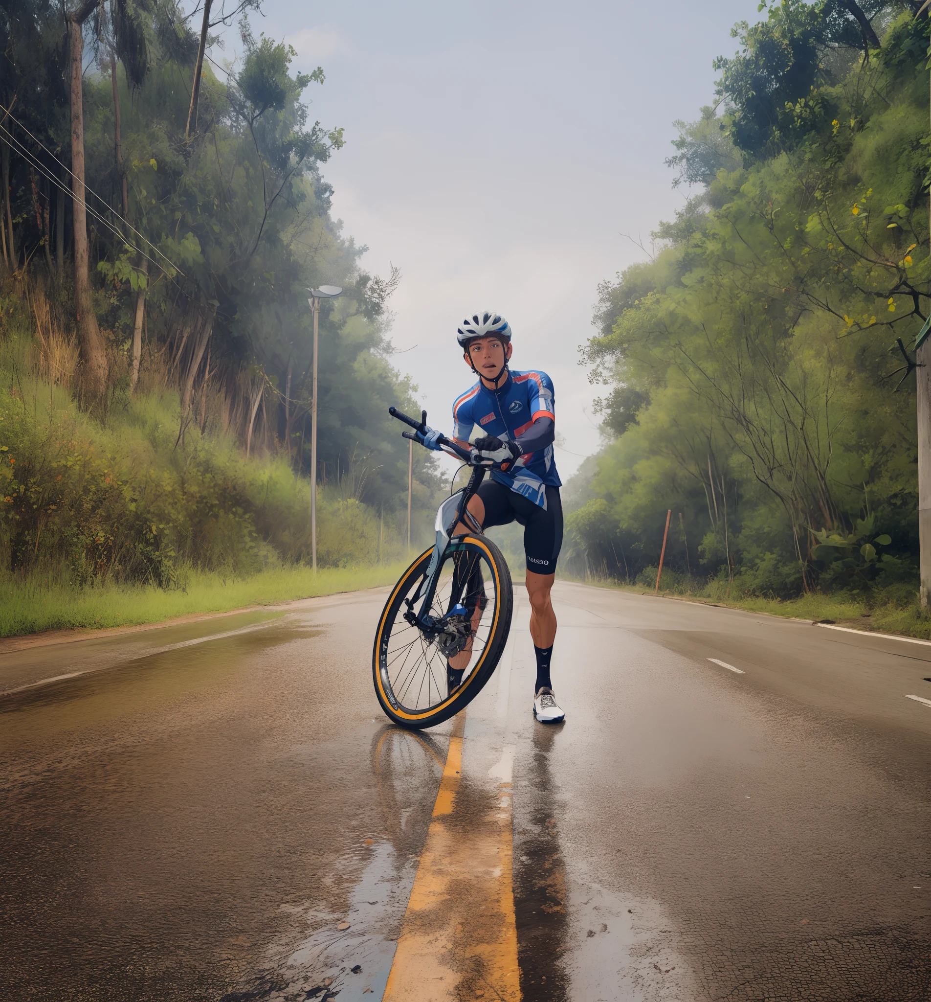 master part, Altas, (1st grade, esguio, 28 anos), messy hair, cavanhaque, uniforme de ciclismo, usando uma bicicleta, velocidade, , in the face of effort, suado, caminho, brazi, vale, cercado por ciclistas, ensolarado