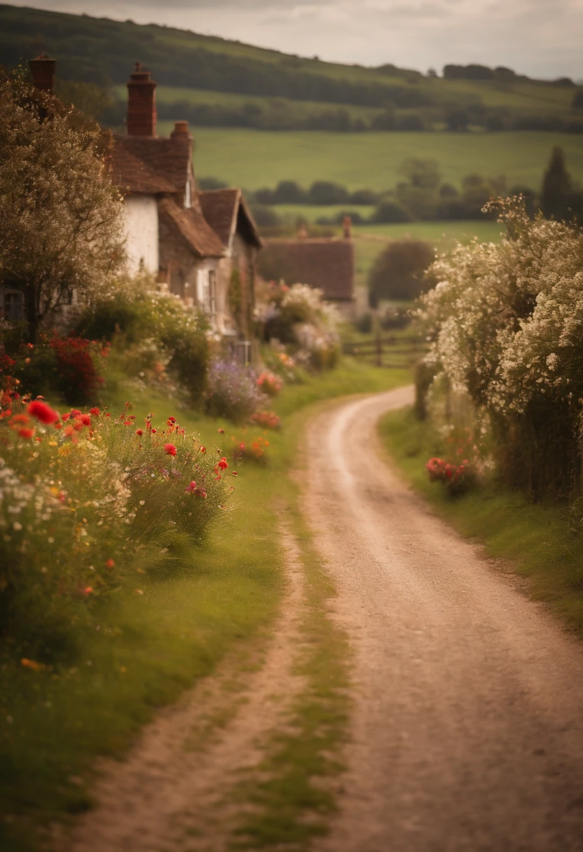 A rural countryside road lined with charming cottages, blooming flowers, and grazing farm animals, evoking a sense of tranquility.