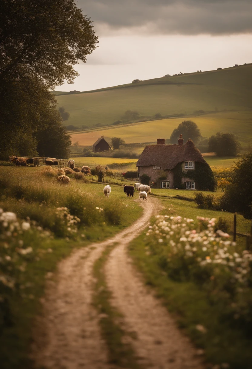 A rural countryside road lined with charming cottages, blooming flowers, and grazing farm animals, evoking a sense of tranquility.