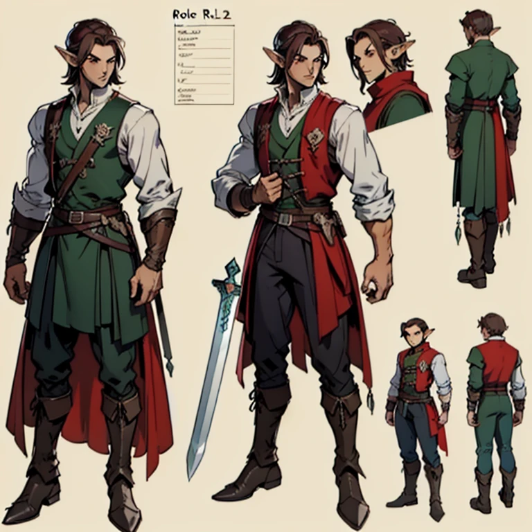 ((character concept art)), ((Character design sheet, same character, front, side)) Video game character design, Rolois, half-elf, Arrogant, Dark hair, dark red waistcoat, long sleeves, pale skin, sword, rogue,