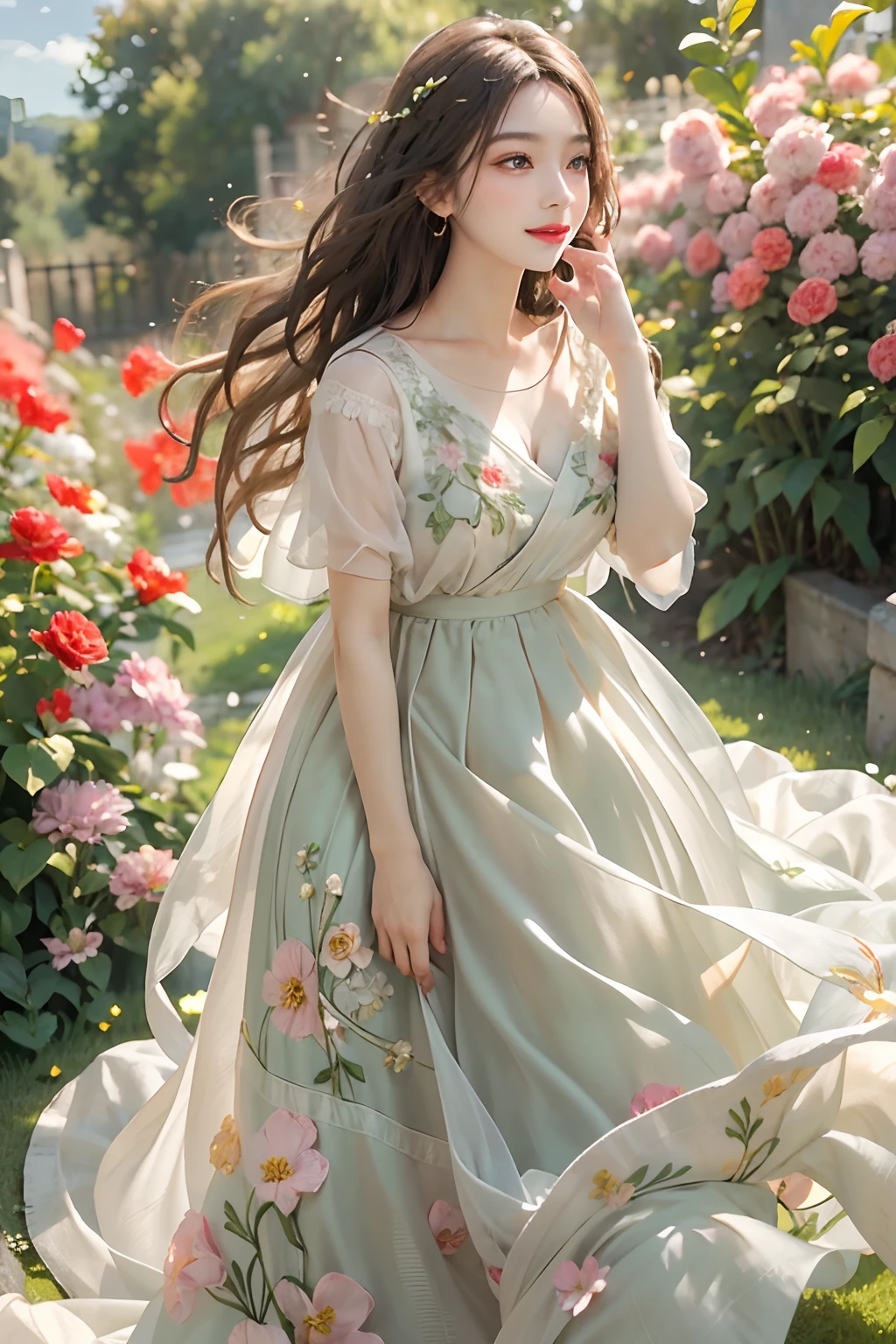 girl, Gentle natural light, Long fluffy dress, The skirt flutters, smiling expression, Paths in the garden, Velvety green leaves, Flowers are blooming, Fresh air, sunny clear sky, Delicate skin, Embroidery details, delicate finger, Charming gesture, Red lip color, Hair blown by the natural wind, Colorful makeup, Perfect background tone。