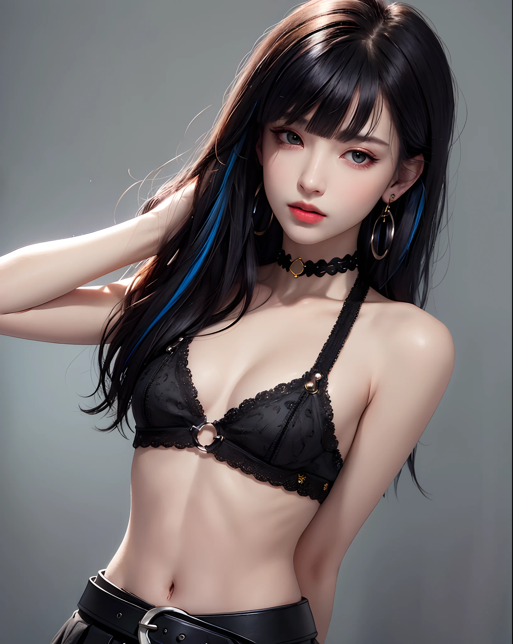 (masterpiece, best quality, 1girl, solo, intricate details, chromatic aberration), (realistic),(skin), ((breath)),(black hair,blunt bangs),detailed hair, red head ornament, blue highlights, hair over one eye,black eyes, small earrings, sharp eyes, choker,((black crop top )),(black skirt),(belt),open waist,(symmetry eyes),(perfect symmetrical body), night,(((natural light))),backlighting,against grey  wall, dim lighting ,look at viewer,((centered shot, from front,(face and waist)))