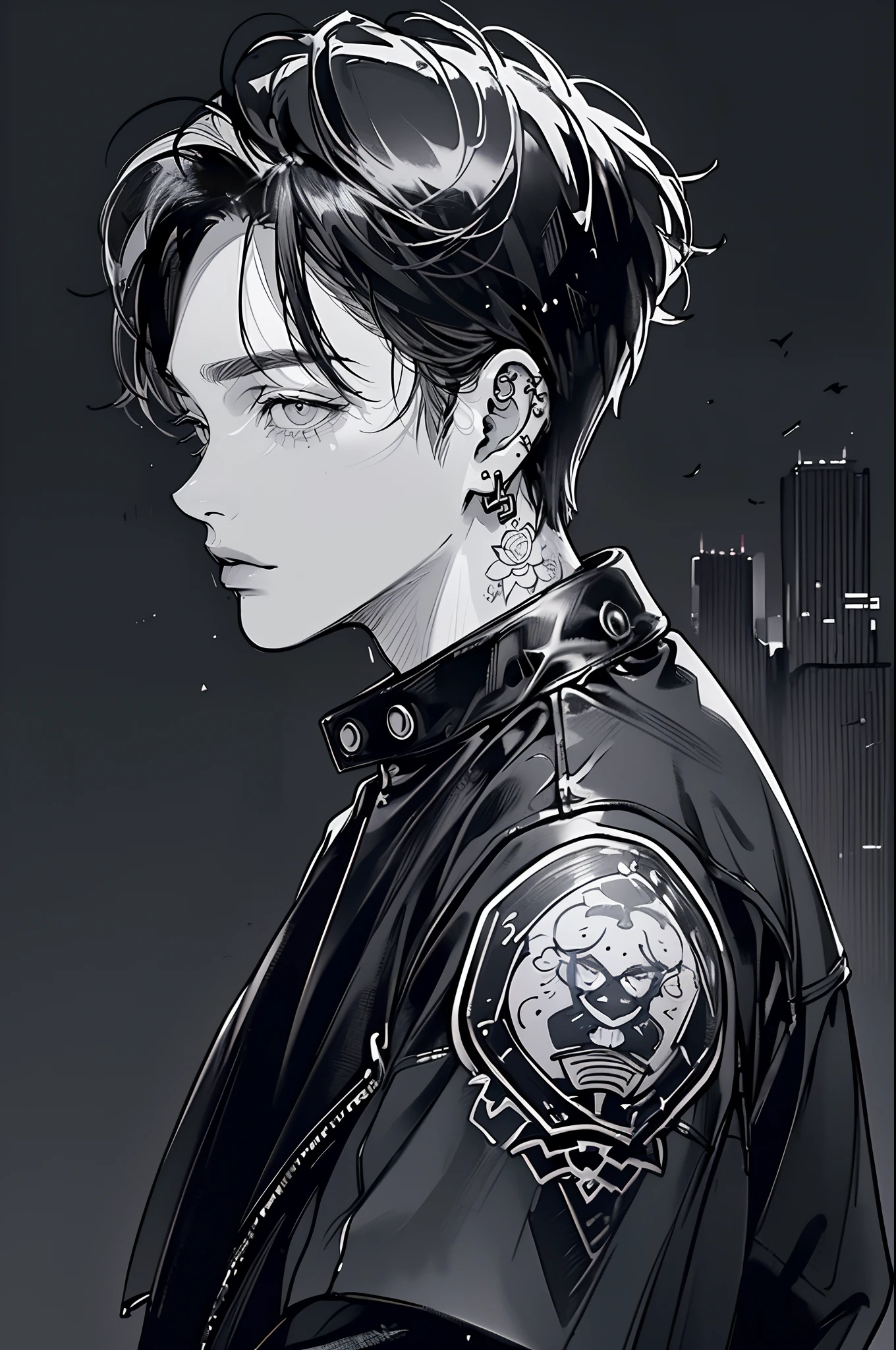 (4K works))、masterpiece、(top-quality)、((Black cityscape background))、Korean Male、Adult male、((Adult 50 years old))、((Adult uncle type))、((Leather Jeans Style))、((Face similar to Hyunjin))、Cool Men、tall、((Wild features))、((Glaring expression))、((Long sleeve long trouser style))、((Smaller face))、Slim body、(((short-haired)))、((shot from a side angle))、((profile))、((Turn the body to the side))、((Shot alone))、((Solo Photography))、Professional Photos、((He is in front of the viewer))、((Monochrome photography))、((Upper body photography))、((Wear a lot of piercings))、((Mouth piercing))、((Icon Photo))、((Sick Boys))、((Mine Boys))、((tattoo))、((Mine photo))、((Bad Boy Pose))