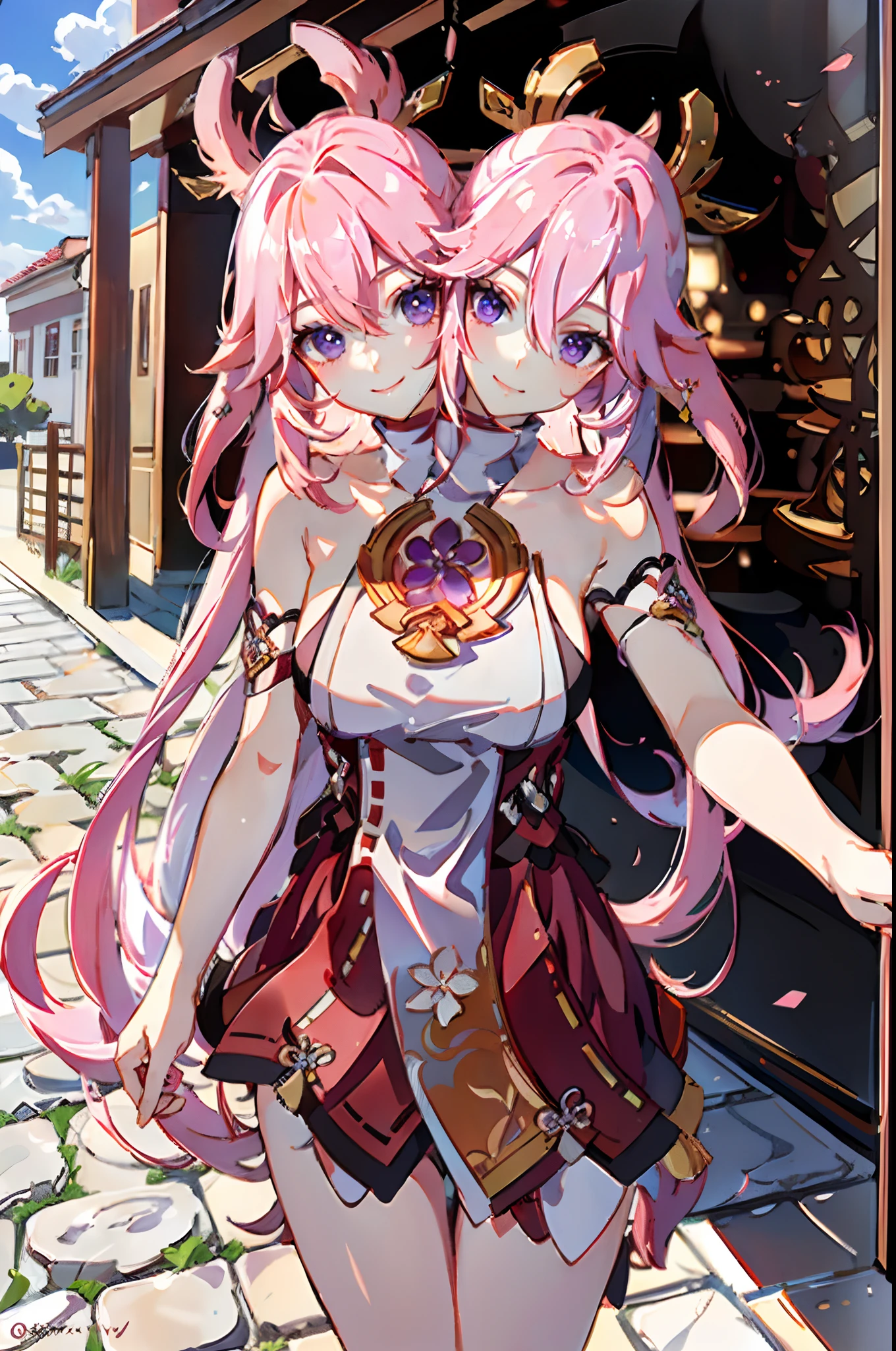 2heads, best quality, masterpiece, 1girl, yae miko character, long pink hair, identical hair color, same eye color, necks side by side, necks evenky spaced on shoulders, smiling, outdoors ((two heads, 2head):1.5)