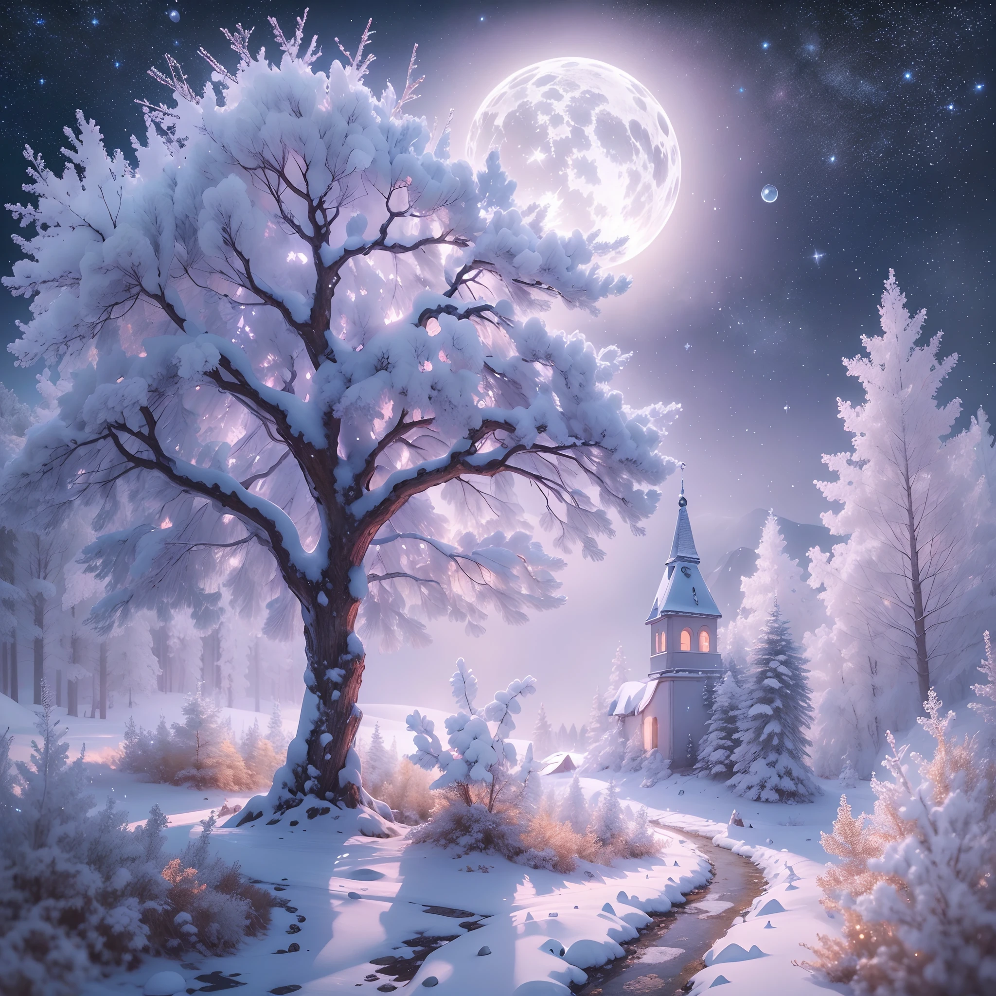 Best quality, Super super refined, Realistic media, Photorealistic, Painting, Soft rime, Pine forests covered with soft rime, Beautiful snow and ice soft rime, Glowing, Ethereal, Night sky, Clear crystal bottle, Reflexivity, glistening stars, Soft rime landscape, magical scene, Bright colors, Pastel tones, Warm golden glow, Tranquil atmosphere