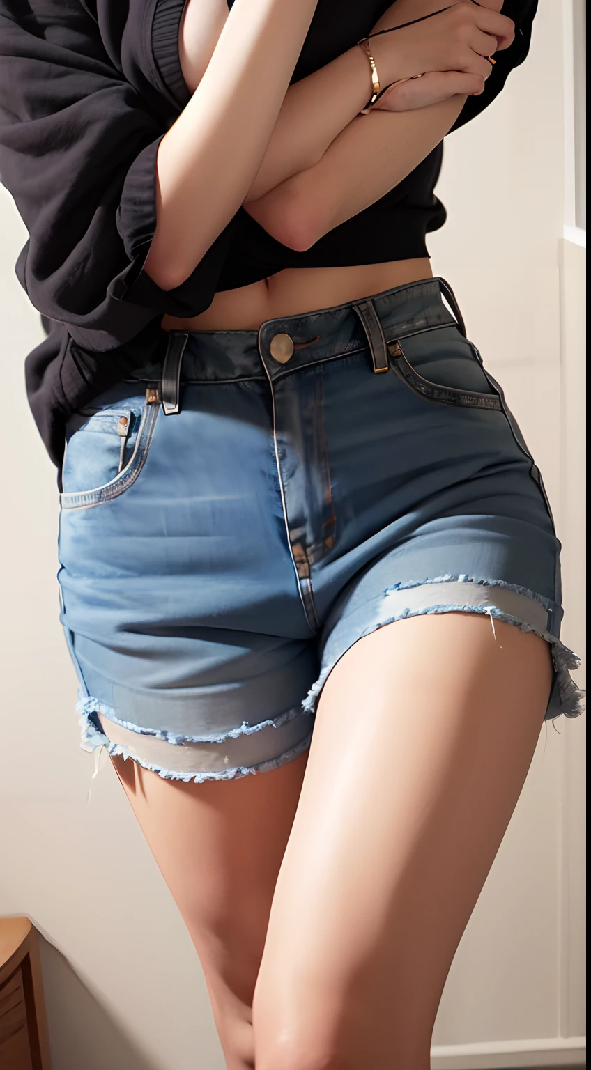 Nami one piece, wearing short denim, revealing shirts, bedroom, high res, masterpiece