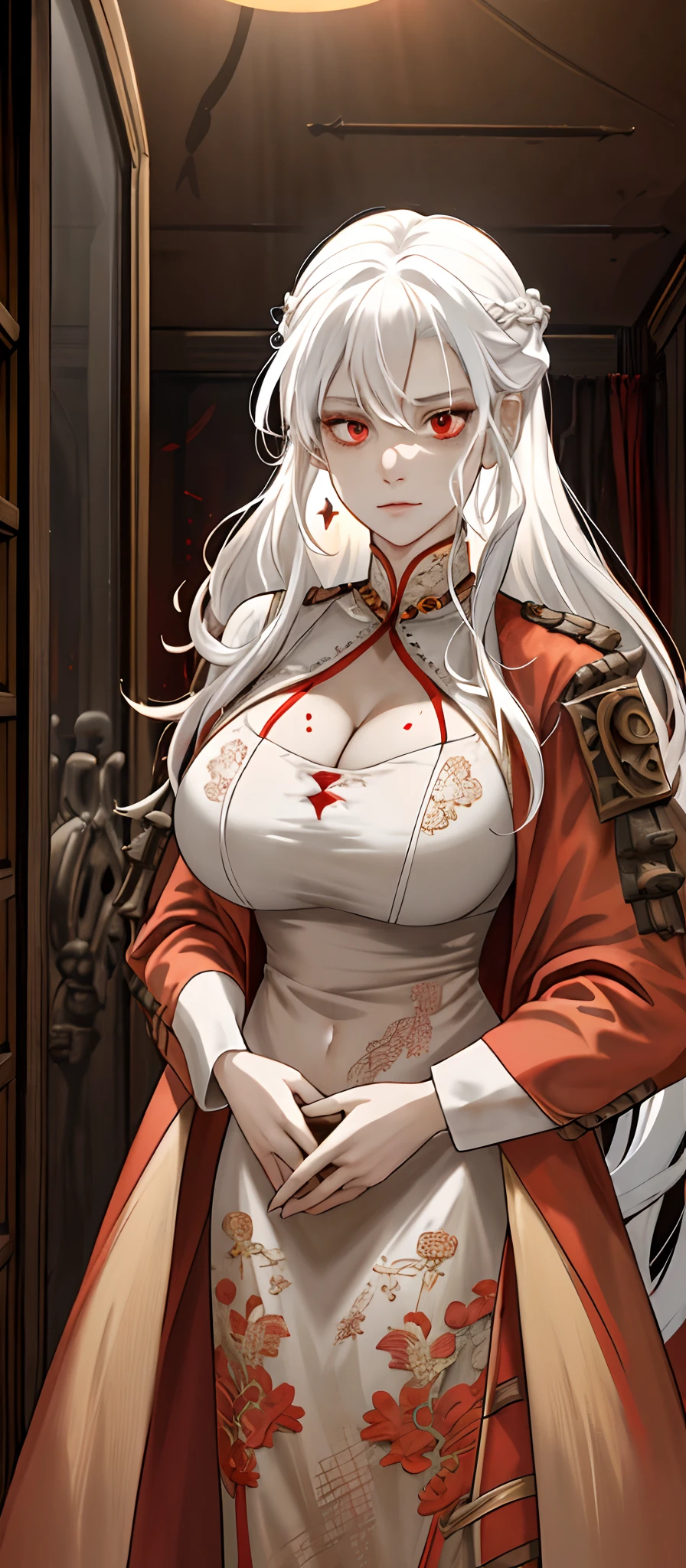 1female, White hair, Red eyes, (woman,Royal Sister_Shot:1.2), breasts focus, Long hair, side locks,Dangerous expressions,Extreme panic,Chest close-up front,After being violated ,Scared,(terrified:1.1) expression, Place one hand behind your back, Atmospheric lighting, Moody, Darkness, In an abandoned old museum, Clear glass display case full of interesting items, Dusty, Post-apocalypse, spiderwebs, masterful, Beautiful 8k wallpaper,Camel hooves ,Extremely detailed, Intricate,a warm color palette,cleavage,huge tit(D),plethora of colors,bright sun,Wear a gorgeous coat,Wear a cheongsam inside,Broken clothes,With a queen-like temperament,succubi,Beautiful young woman,Expose the belly