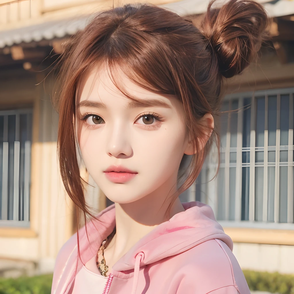A realistic brown haired girl, realistic side tied hair, realistic red hair tie, exact same hairstyle, realistic brown eyes, realistic Korean beautiful face, Realistic cool expressions, realistic pink jacket, realistic light, realistic shadows, realistic background,The hair is very realistic,Her hair is short and not curled