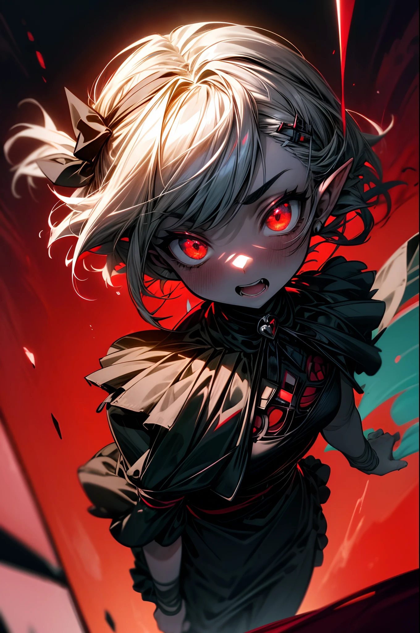 ((Best Quality, 8K, Masterpiece)), ((1woman, petite)), flat color, limited palette, Perfectly Cute Girl, Delicate and smooth skin, Realistic skin, Perfect Beautiful Face, Perfect and Cute Face, (POV POV, View from above), short messy white hair, elf ears, sharp fangs, embarrassed expression, open mouth, glowing red eyes, skull hairpin, ornate black dress, fully clothed, dark aura, black and red, two tone, dark hue, red hue, high contrast, dark lighting