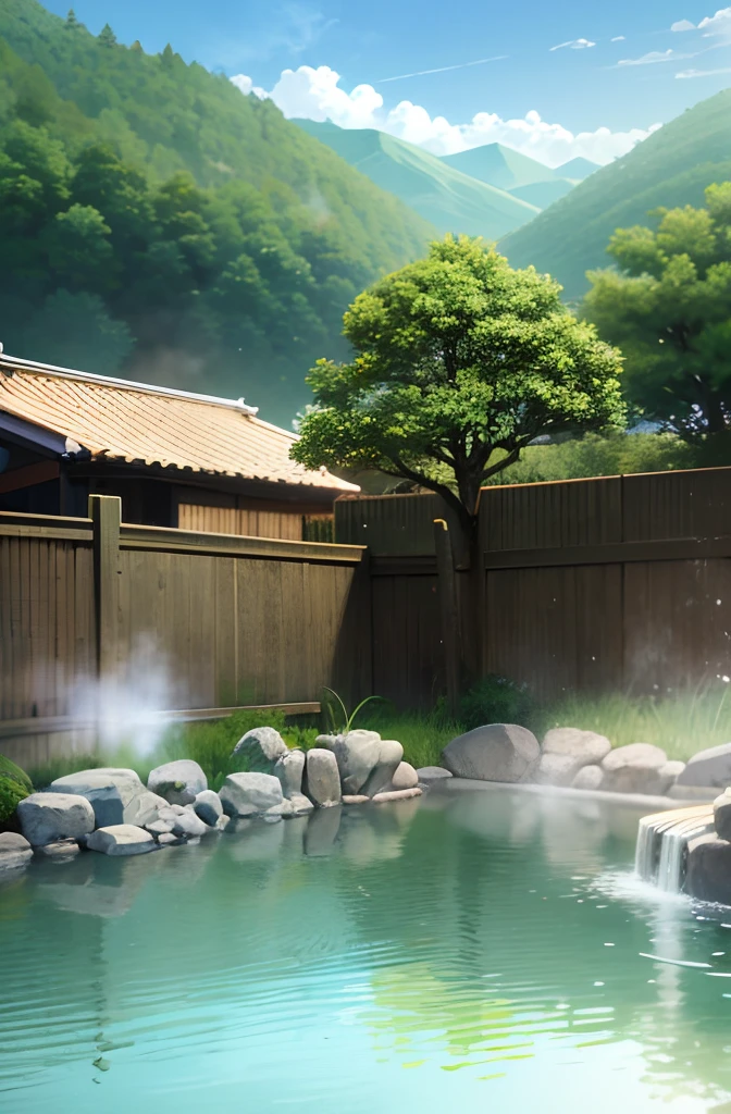 japanese onsen , hot spring, no character,ultra detail,sunny, clear sky, steam