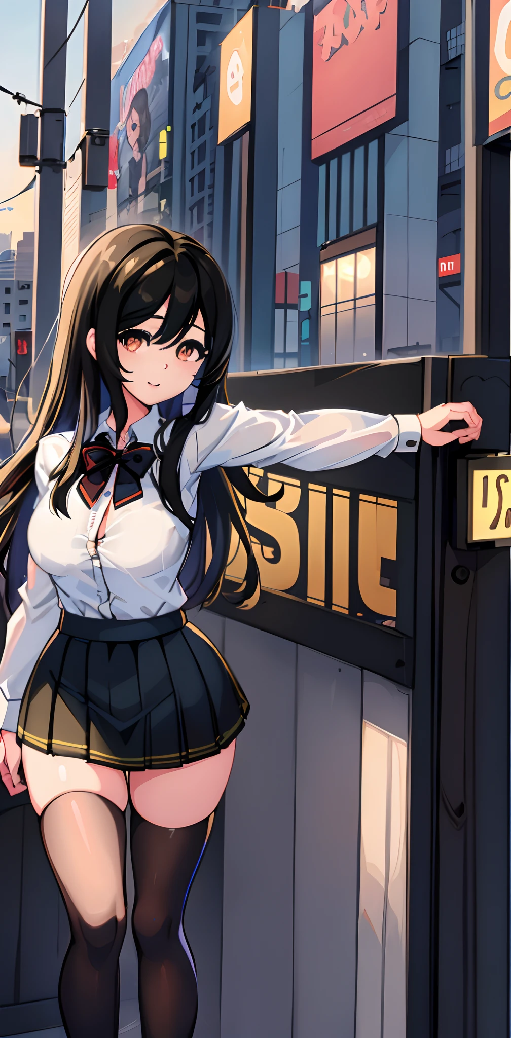 1chica, joven, cabello negro, ojos rojos, camisa negra, Gridded miniskirt, pose apuntando algo
