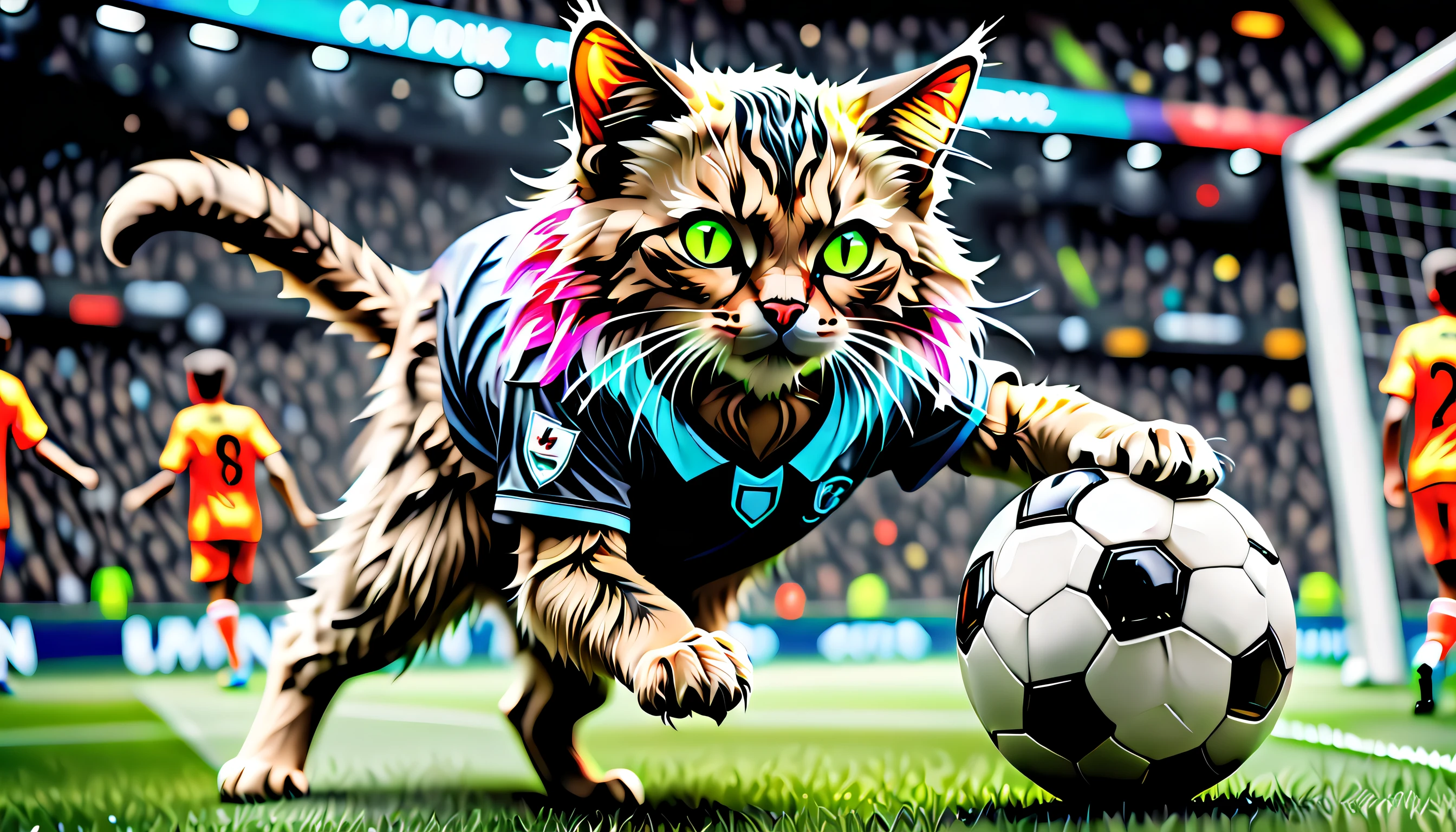(((dark fantasy style:1.3))), (((play soccer with cat detail:1.3))), (((plush neon-colored fur with epic trance:1.3))), (blending seamlessly into the irresistible allure background detail glow:1.3), sense of energy and vibrancy, (((stunning intricate detailed digital paint masterpiece:1.3))), intricate details and flawless quality, ultimate in quality and resolution, high contrast sophistication masterpiece, stunningly detailed paintwork, breathtaking beauty, (((amazed incredible realism:1.3))), realistic expertly crafted, intricate details and flawless quality, true work of art, (((ultimate quality resolution:1.4))), high contrast sophistication masterpiece, (stunningly detailed paintwork:1.3), ((delicate intricate paint strokes:1.2)), ultra-realistic detail, (((depth and dimension to this masterpiece:1.3))), (((stunning extremely insane detail:1.3))), (((masterful brushstrokes:1.3))),