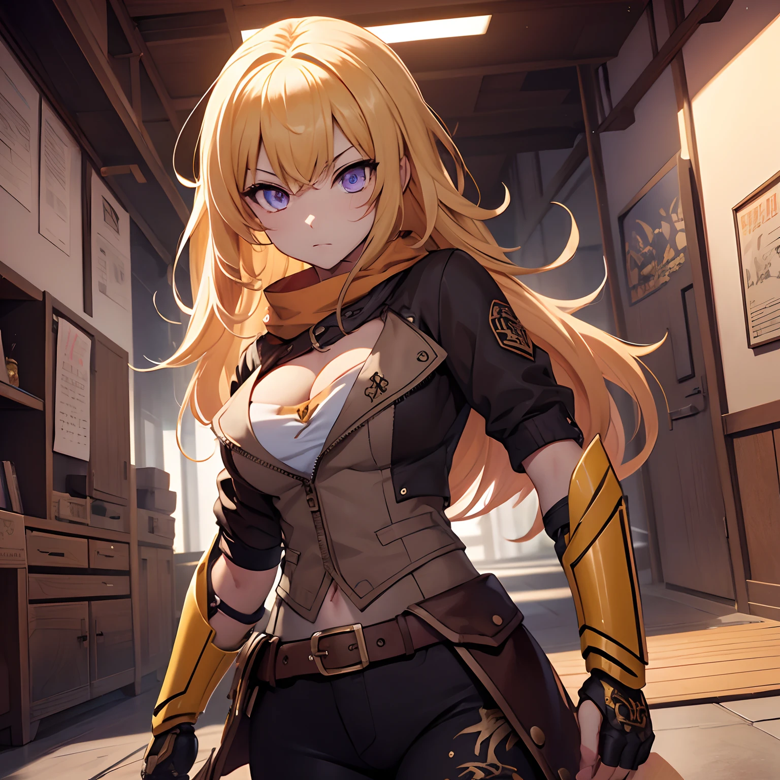 Yang Xiaolong, Yang Xiaolong, Long hair, Blonde hair, (Purple eyes:1.1), Ahoge, Bangs,Breaking cleavage, Jacket, Belt bag, mechanical arms, Single mechanical arm, prosthesis, The left hand is a prosthetic hand,BREAK outdoors,BREAK looking at viewer, (Cowboy Shot:1.5),BREAK (masutepiece:1.2), Best Quality, High resolution, Unity 8k壁纸, (Illustration:0.8), (Beautiful detailed eyes:1.6), extra detailed face, Perfect Lighting, extremely details CG, (Perfect hands, Perfect Anatomy),Long pants