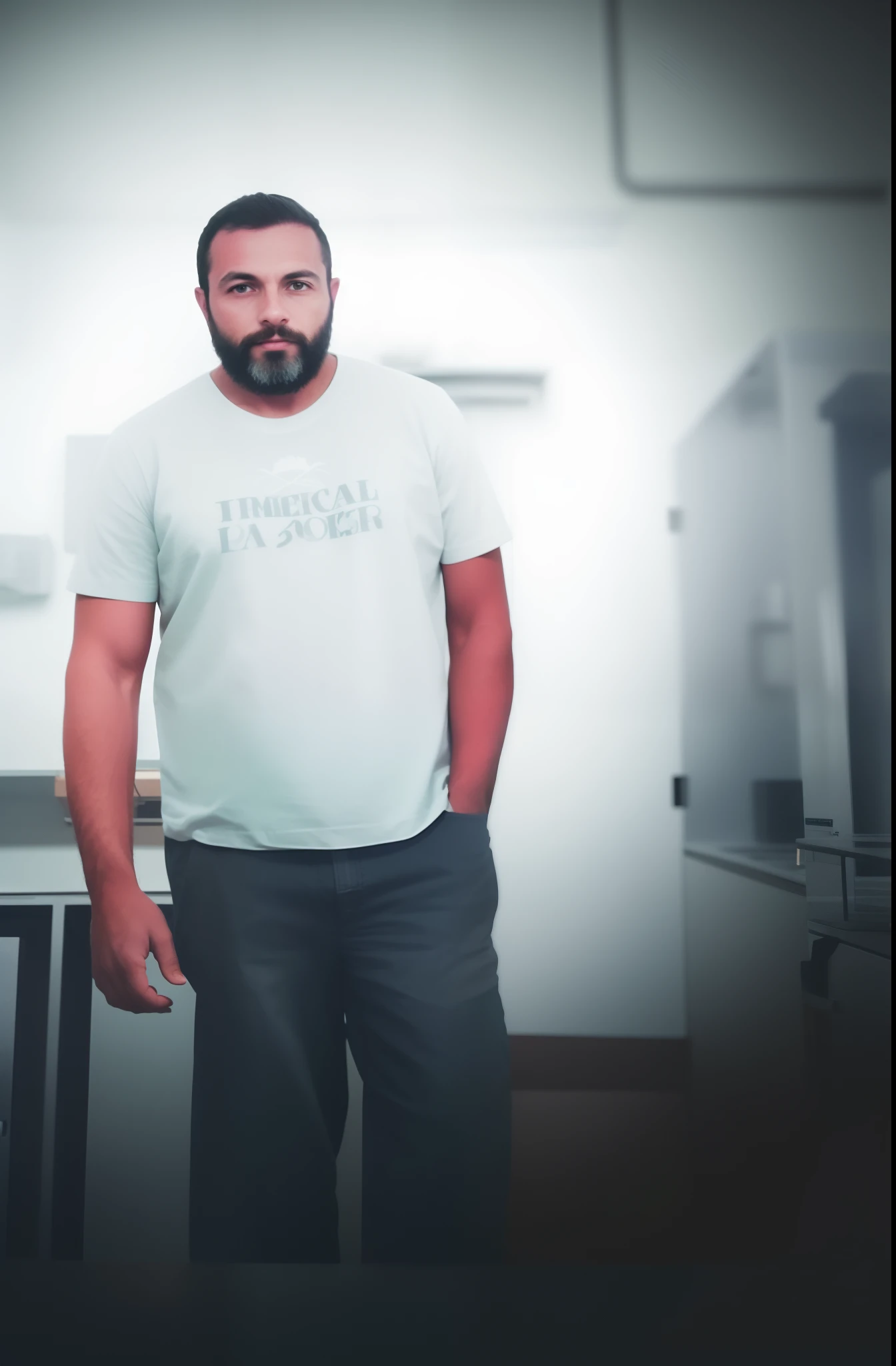 There's a man standing in a kitchen in a white shirt, full body photogenic shot, stood in a lab, Homem de 4 0 anos, print ready, foto de um homem, uma foto de um homem, standing in a dimly lit room, full body photgraph, fotografia de corpo inteiro, in a menacing pose, Homem de 30 anos
