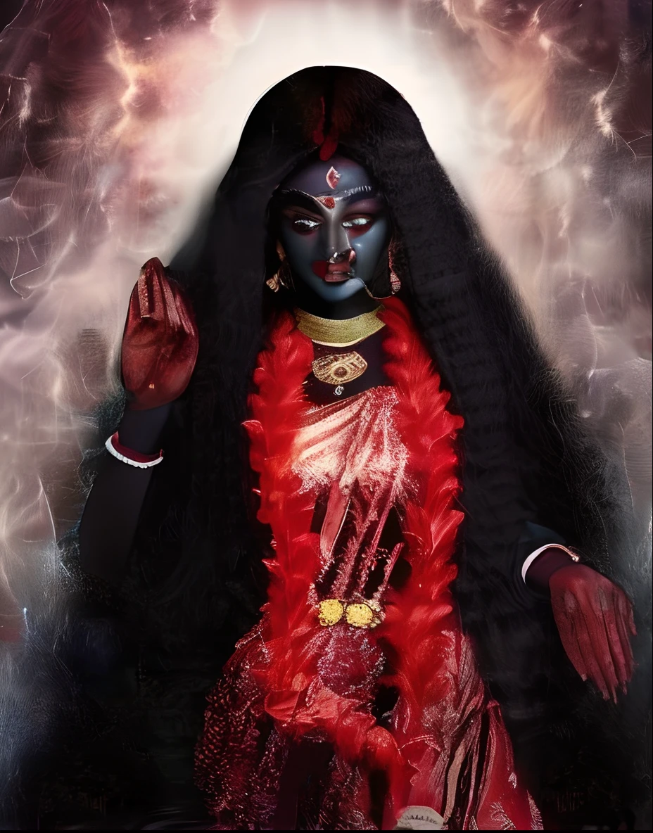 a close up of a woman with a black face and red dress, dark skin female goddess of love, kali, indian goddess, patron saint of 🛸🌈👩🏾, indian goddess of wealth, portrait of a dark goddess, cyborg hindu godbody, a stunning portrait of a goddess, dark goddess with six arms, attractive male deity, hindu aesthetic