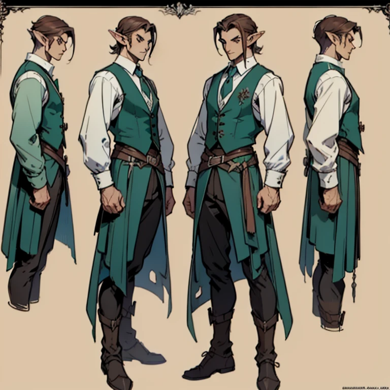 ((character concept art)), ((Character design sheet, same character, front, side)) Video game character design, Rolois, half-elf, Arrogant, Dark hair, waistcoat, long sleeves, pale skin, sword, scar on face