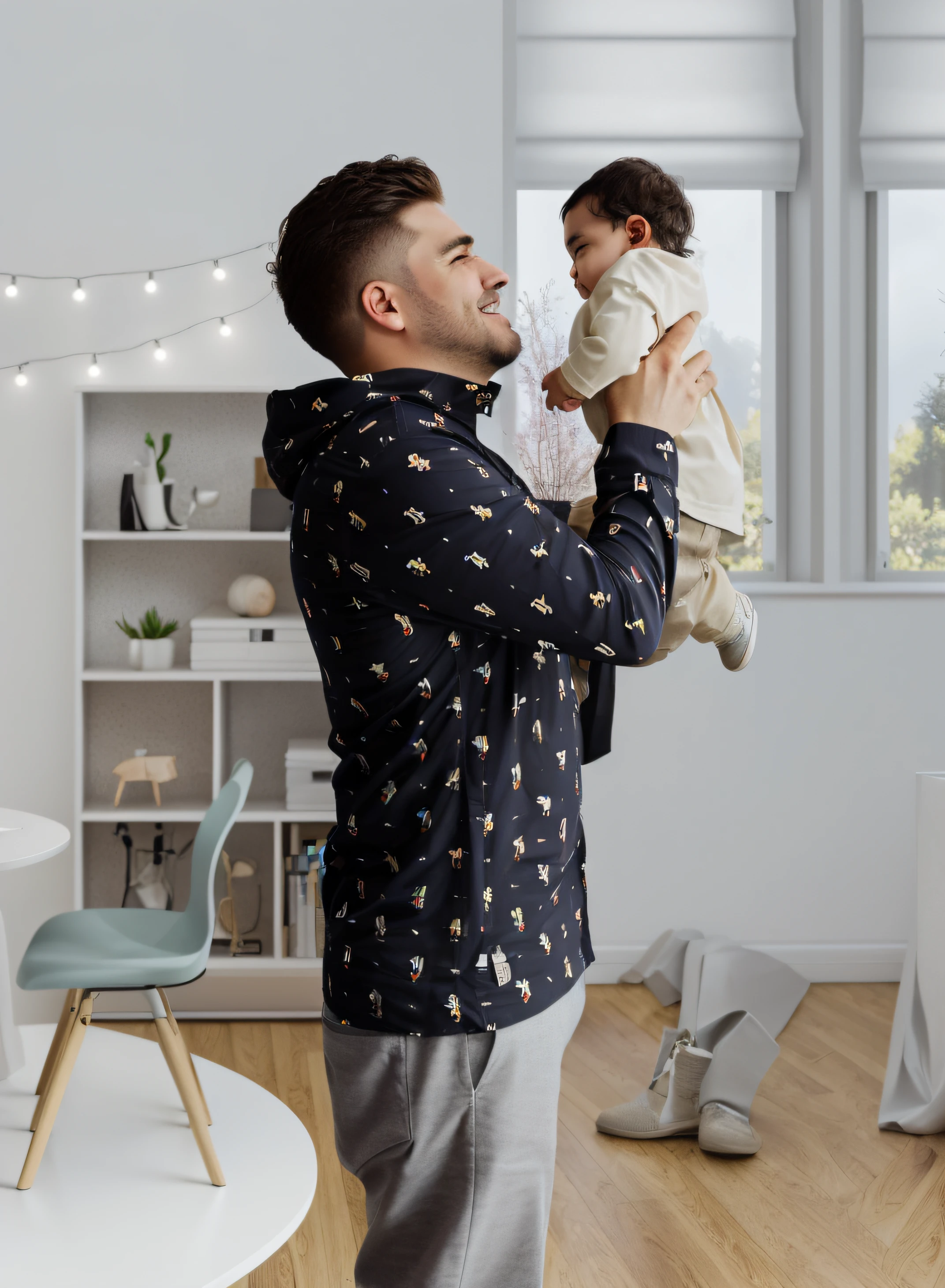 There's a man with a baby in his arms in a room, Padre con hijo, Escena detallada, designed for cozy aesthetics!, inspirado por el Maestro del Bambino Vispo, Escena realista, Imagen realista verdadera, Foto mejorada, with a boy, Ropa altamente detallada, en segundo plano, Imagen ultra realista, Toma realista, Estilo fotorrealista, Toma de retrato, ultra realista