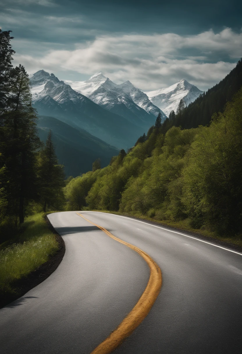 A mountainous road with winding curves, offering breathtaking views of snow-capped peaks and lush green valleys below.