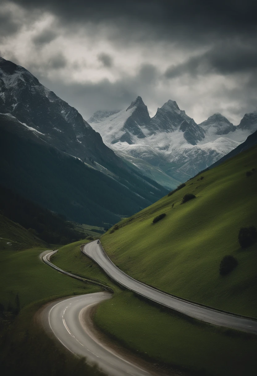 A mountainous road with winding curves, offering breathtaking views of snow-capped peaks and lush green valleys below.