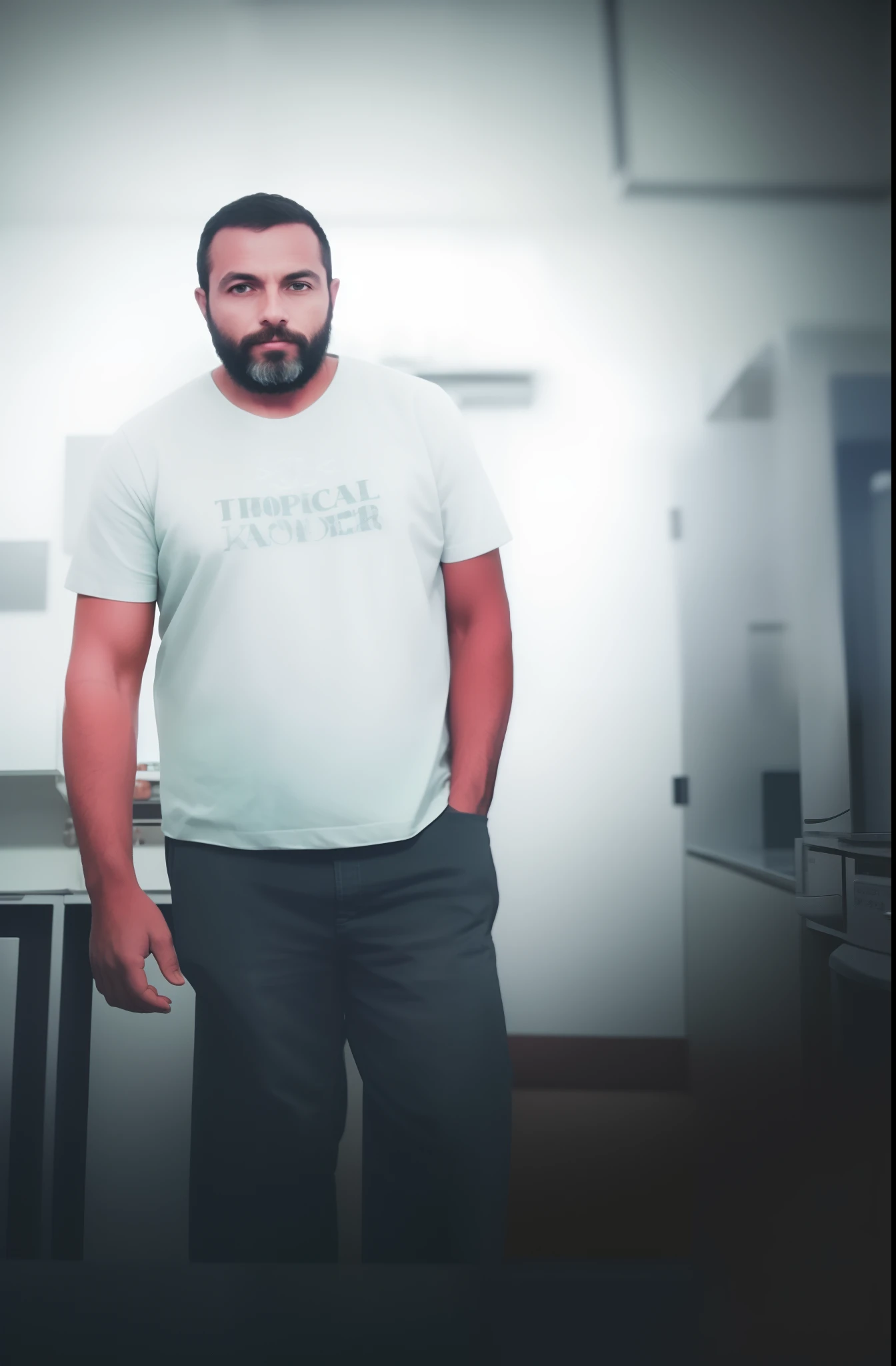 There's a man standing in a kitchen in a white shirt, full body photogenic shot, stood in a lab, Homem de 4 0 anos, print ready, foto de um homem, uma foto de um homem, standing in a dimly lit room, full body photgraph, fotografia de corpo inteiro, in a menacing pose, Homem de 30 anos