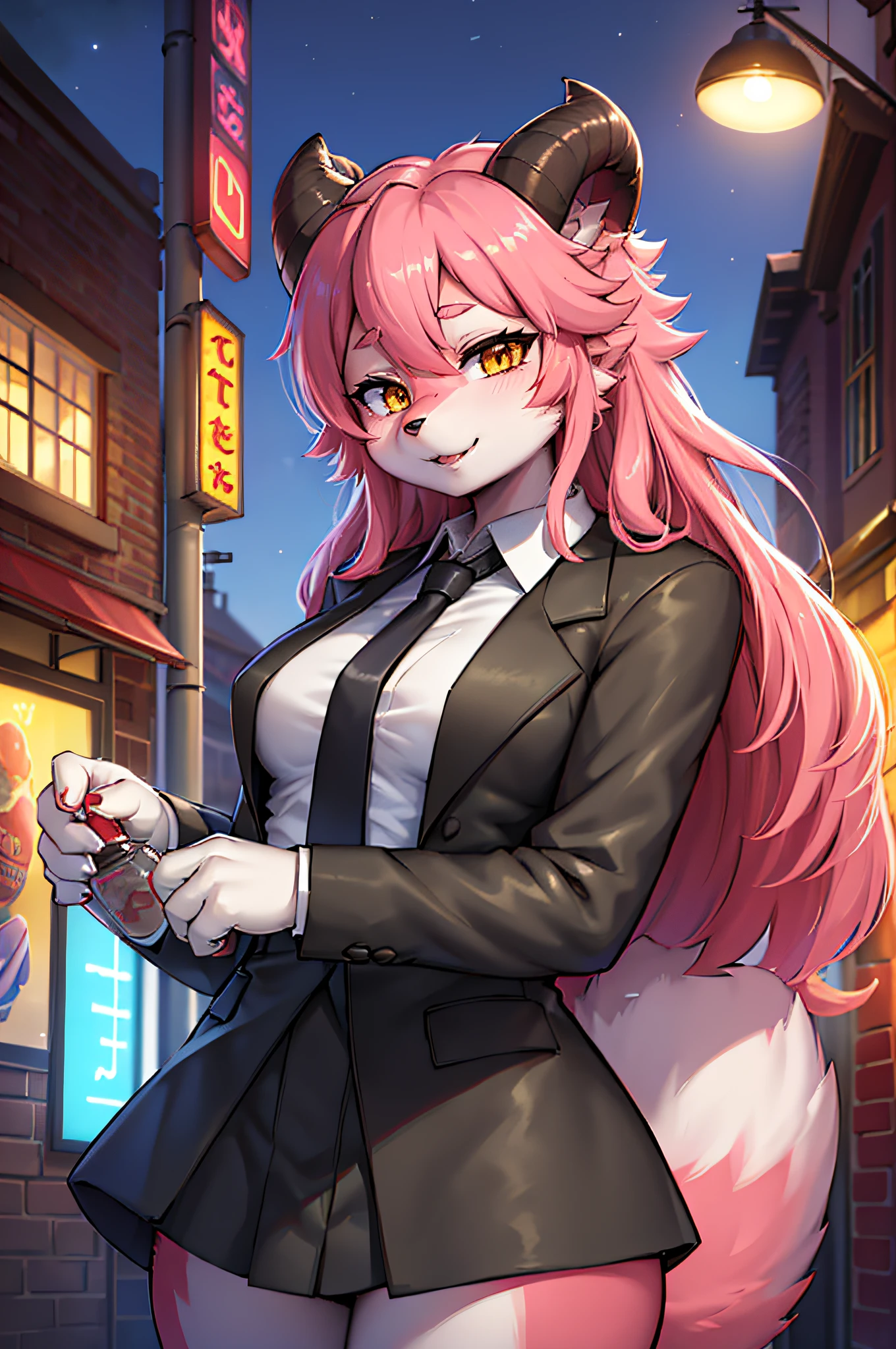 Furry,Dog girl, Long pink hair, Red horns, White collared shirt, black necktie, Light smile, Yellow eyes, cornea_power,, Buildings,Shops,Town streets, Dark sky, scenery,Neon signs,Night City,Detailed eyes, Extremely detailed, voluminetric lighting, Realistic, Realistic lighting, 8K, Cinematic lighting, Depth of field, Perfect, Hyper-detailed, Photorealistic, Ultra photo realsisim, Realistic light, hard lighting, Intricate details, stop-motion, Tone-mapping, Sharp focus, ultra - detailed,