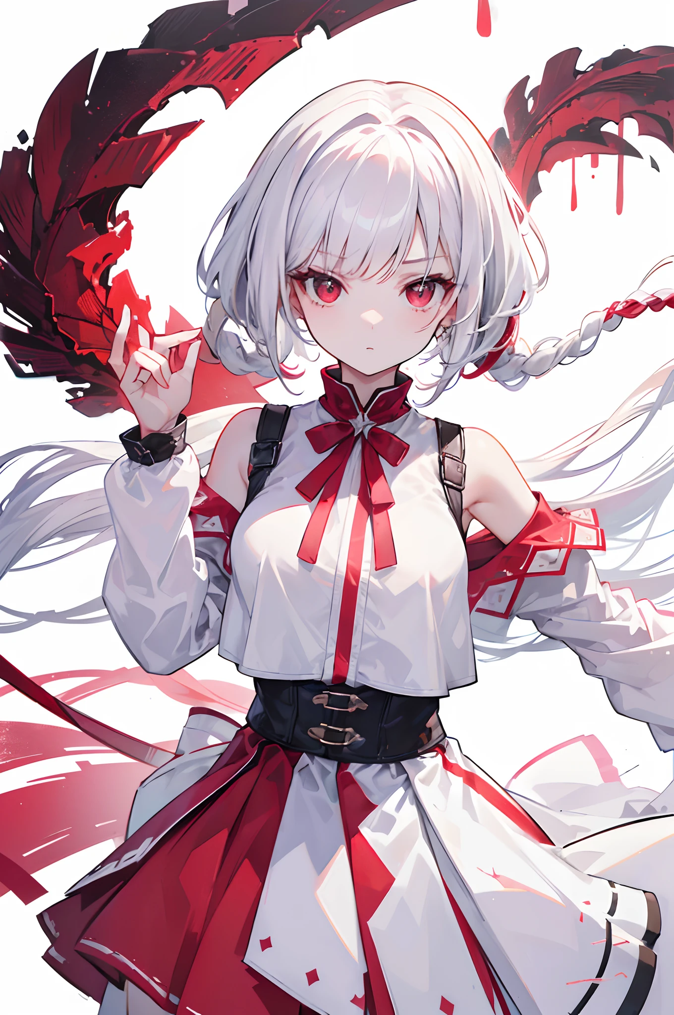 Anime girl with white hair and red dress holding a red object - SeaArt AI