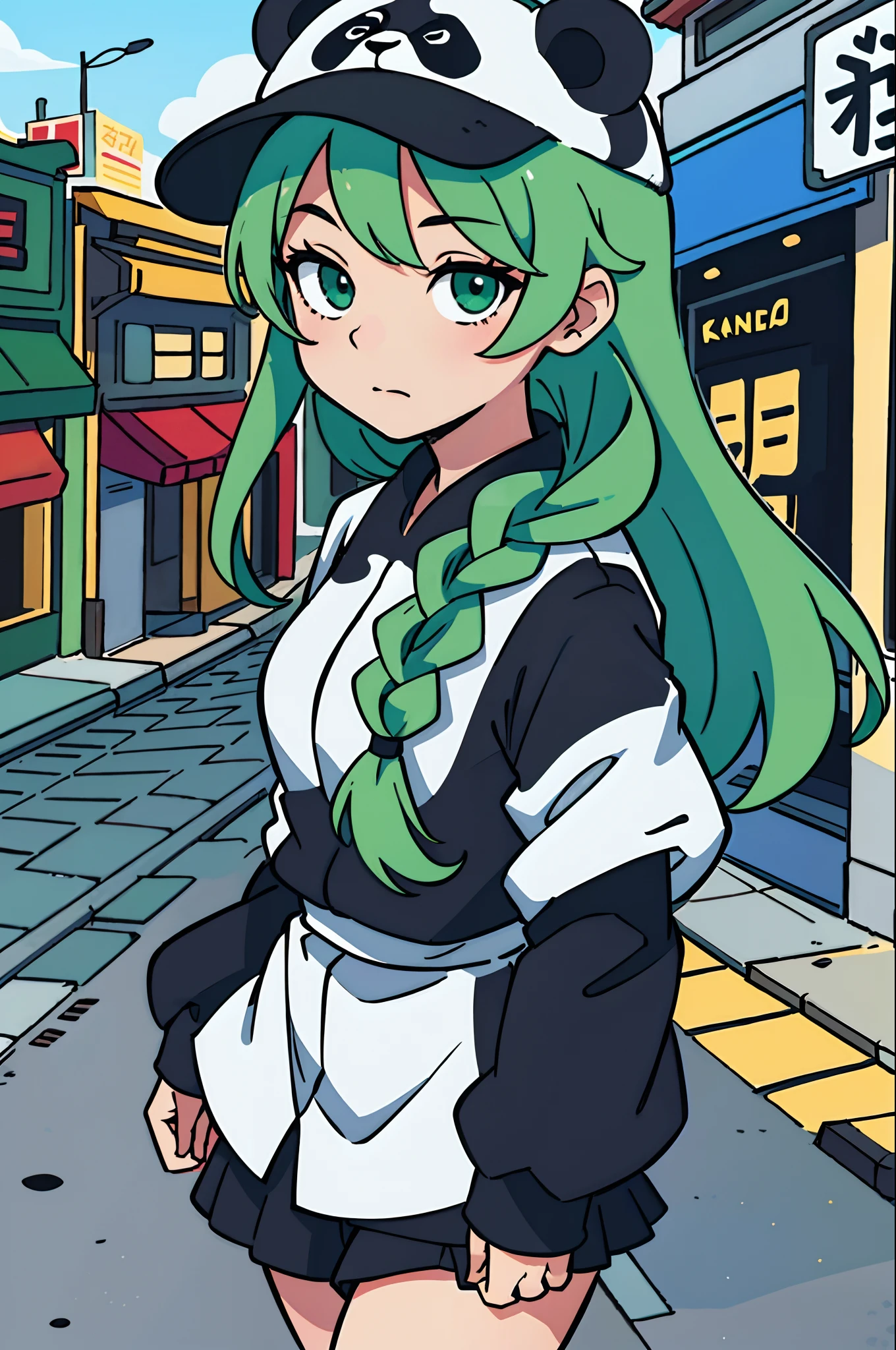 (top-quality:0.8), (top-quality:0.8), perfect anime illustration, extreme closeup portrait of a pretty woman walking through the city, Panda Costume、Timid girl、bright green hair、Braids、Panda hat