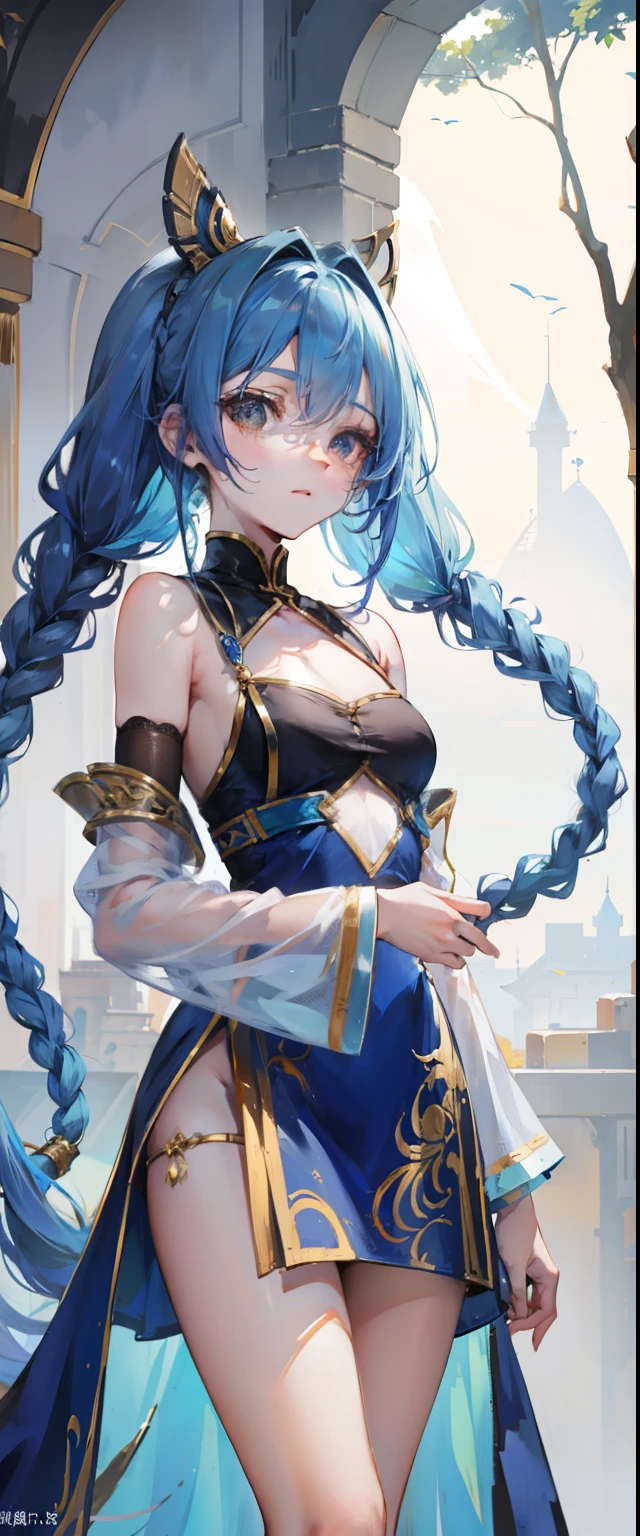 Blue long hair,Scorpion-tailed braids,Put on the clothes of the little dance of Douluo Continent,Is a beautiful and sweet girl Koser,(whole body)