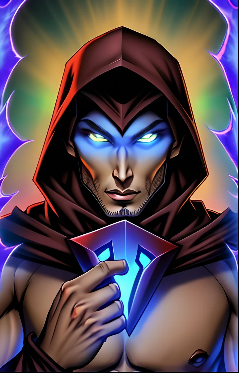 Demon Malphas, light skin, Green eyes, high cheekbones, muscular physique, Square Face, brown-hair, Hooded raven wings, Bright Blue Aura