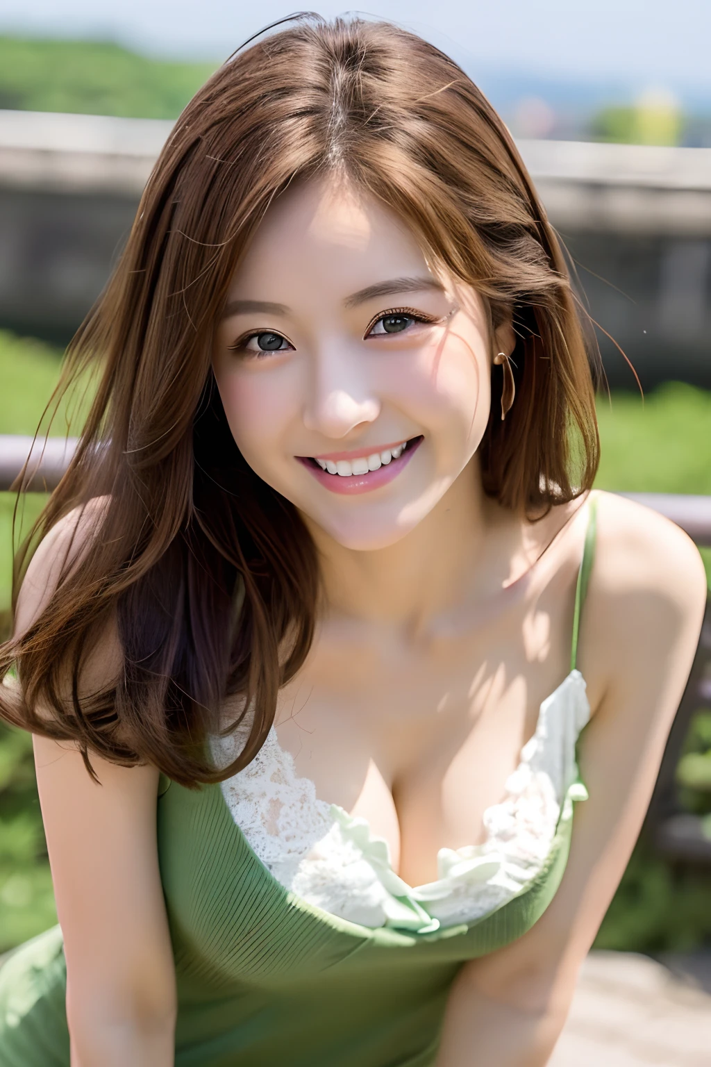 One lady、a miniskirt、blouse、crouching down、huge tit、full bodyesbian、cute face、美丽的面容、a smile、waved hair、Brown hair、Zhonghai green eyes、japanes、masterpiece、Ultra-thin and beautiful、realistic、Mont Saint-Michel