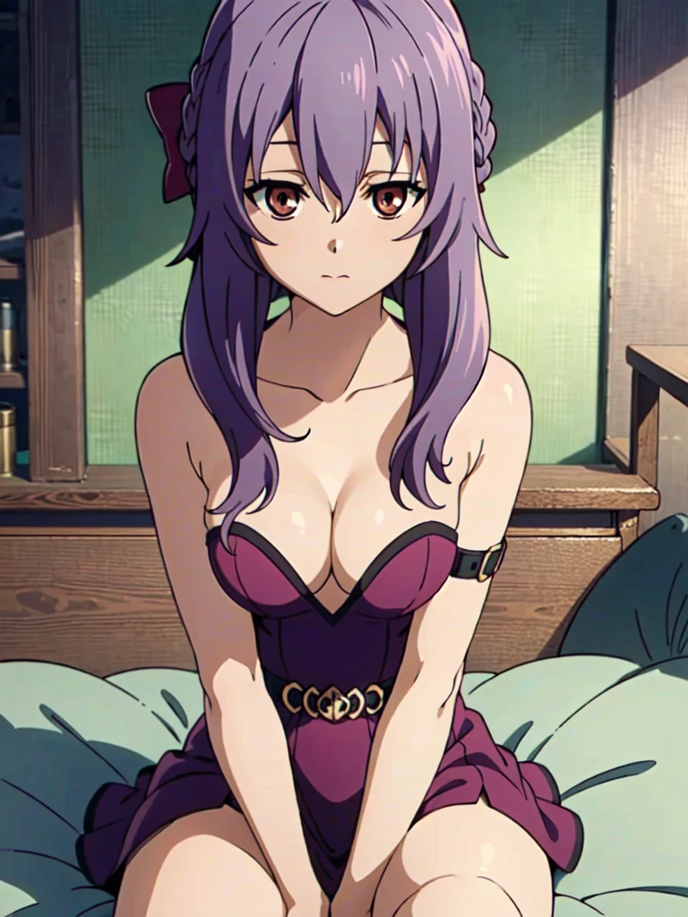 shinoa, small breasts, purple hair, long hair, hair between eyes, 1girl, breasts, solo, nude, looking at viewer, amber-red eyes, sitting, cleavage, dress, collarbone, bare shoulders, blush, purple dress, bangs, on bed, thighs, plunging neckline, closed mouth, indoors, arm strap, blurry, sidelocks hour glass body, ((Extremely Detailed)), ((Best Quality)), ((Masterpiece)), ((4k))