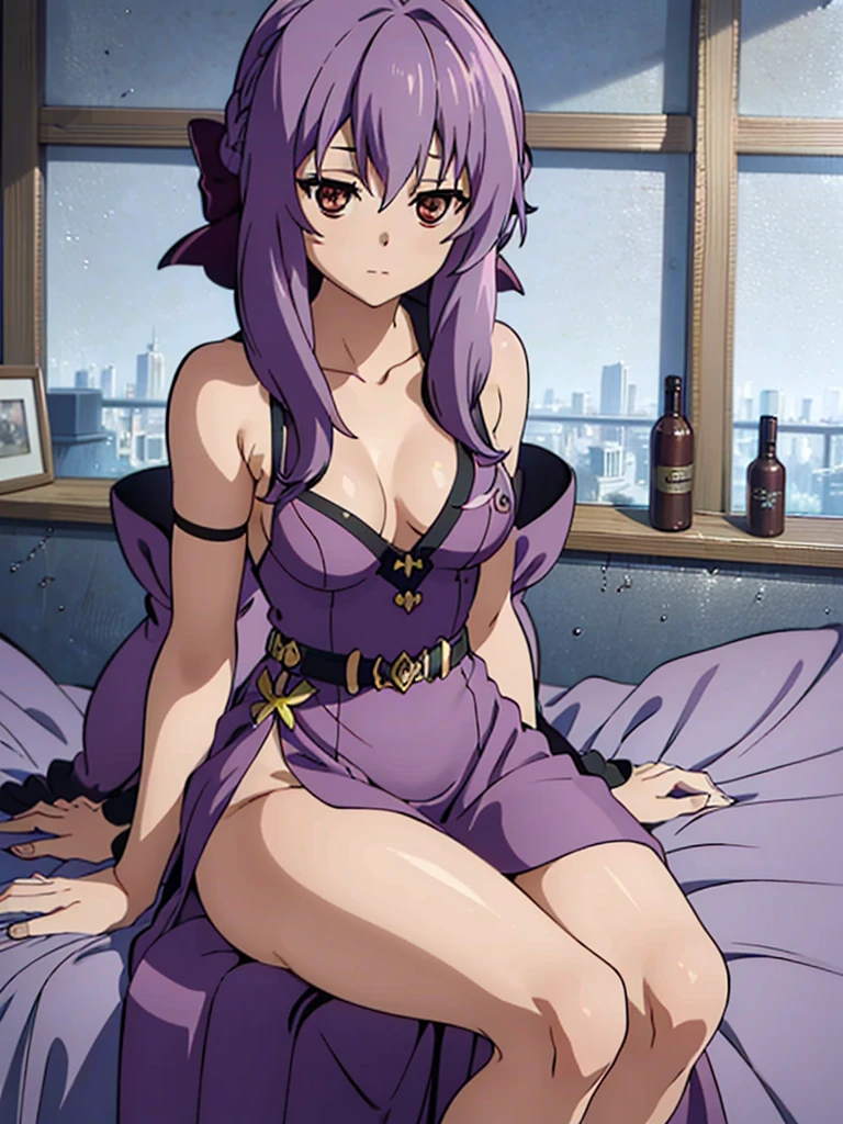 shinoa, small breasts, purple hair, long hair, hair between eyes, 1girl, breasts, solo, nude, looking at viewer, amber-red eyes, sitting, cleavage, dress, collarbone, bare shoulders, blush, purple dress, bangs, on bed, thighs, plunging neckline, closed mouth, indoors, arm strap, blurry, sidelocks hour glass body, ((Extremely Detailed)), ((Best Quality)), ((Masterpiece)), ((4k))