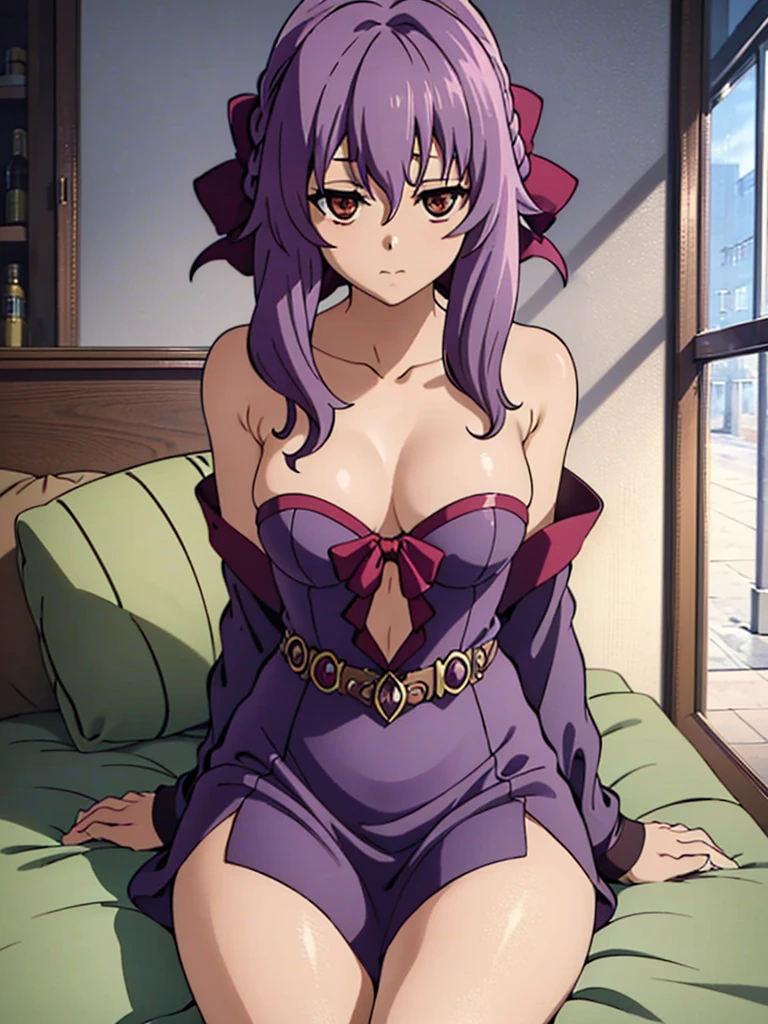 shinoa, small breasts, purple hair, long hair, hair between eyes, 1girl, breasts, solo, nude, looking at viewer, amber-red eyes, sitting, cleavage, dress, collarbone, bare shoulders, blush, purple dress, bangs, on bed, thighs, plunging neckline, closed mouth, indoors, arm strap, blurry, sidelocks hour glass body, ((Extremely Detailed)), ((Best Quality)), ((Masterpiece)), ((4k))