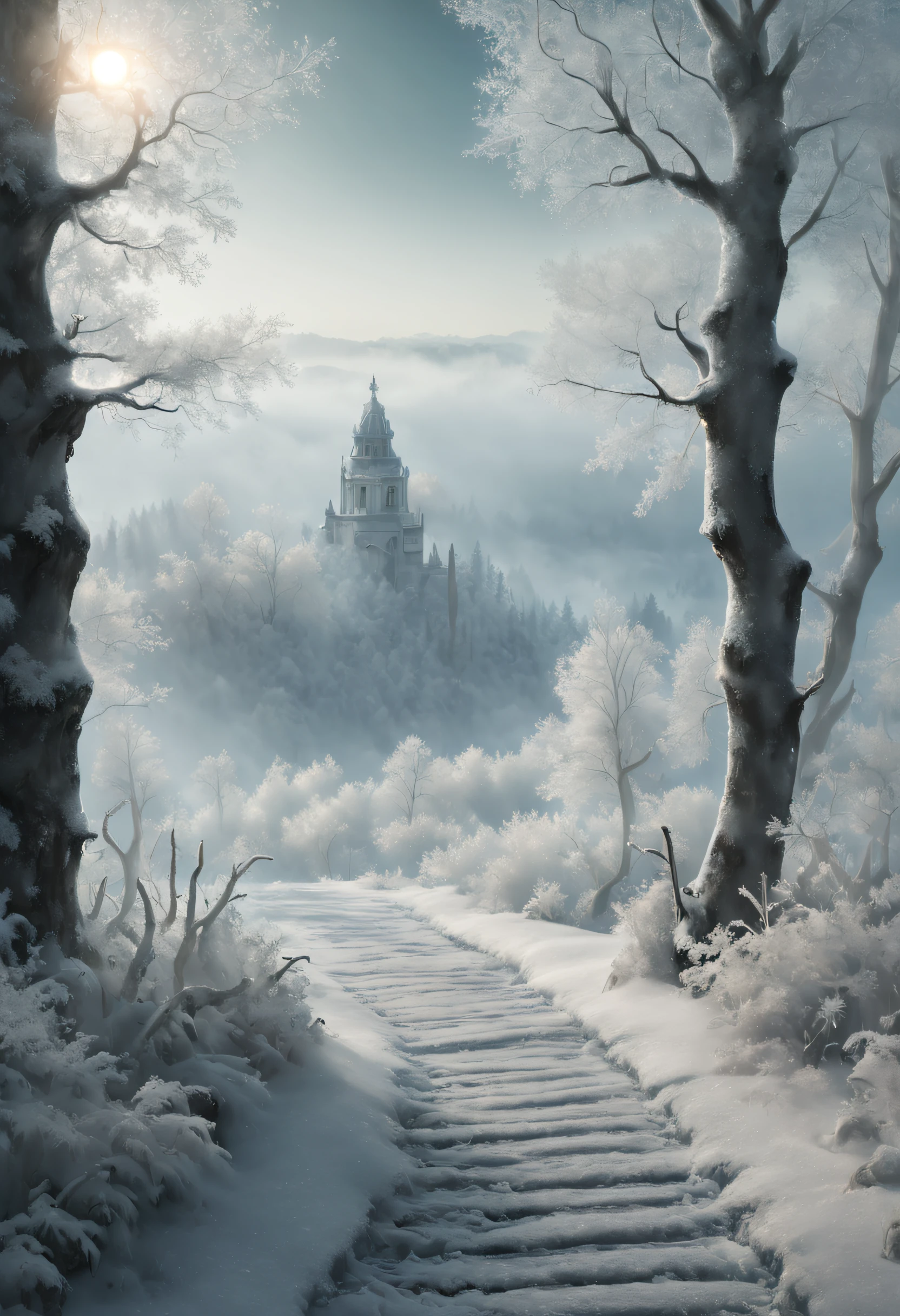 W00len, (Best quality, Masterpiece) ,The beautiful scenery of the rime is a mysterious and silent sight.In this world, The earth was shrouded in a thin layer of mist, It's as if a layer of gauze is wrapped around the ground.From a distance, Green trees, Buildings and grass were covered with white mist, In this rime, The trees were wrapped in frost, Tiny ice crystals sparkle on every leaf and branch, Shining with a faint light.Under the moonlight, The whole world seems to be shrouded in a mysterious screen, Exudes an attractive sheen.Beautiful soft snow rime between these icy woods, Glowing, Ethereal, Night sky, (Clear glass bottle: 1.5), Reflection, glistening stars, Soft rime landscape, magical scene, Beautiful colors, Pastel tones, Warm golden glow, And the peaceful atmosphere. The whole scene is rendered by the fog into a mysterious and gorgeous picture, Every detail is full of magic and mystery.In this world, Time seems to have stood still, Everything is immersed in a fantastic atmosphere, UHD, masterpiece, ccurate, anatomically correct, super detail, 8k, best quality