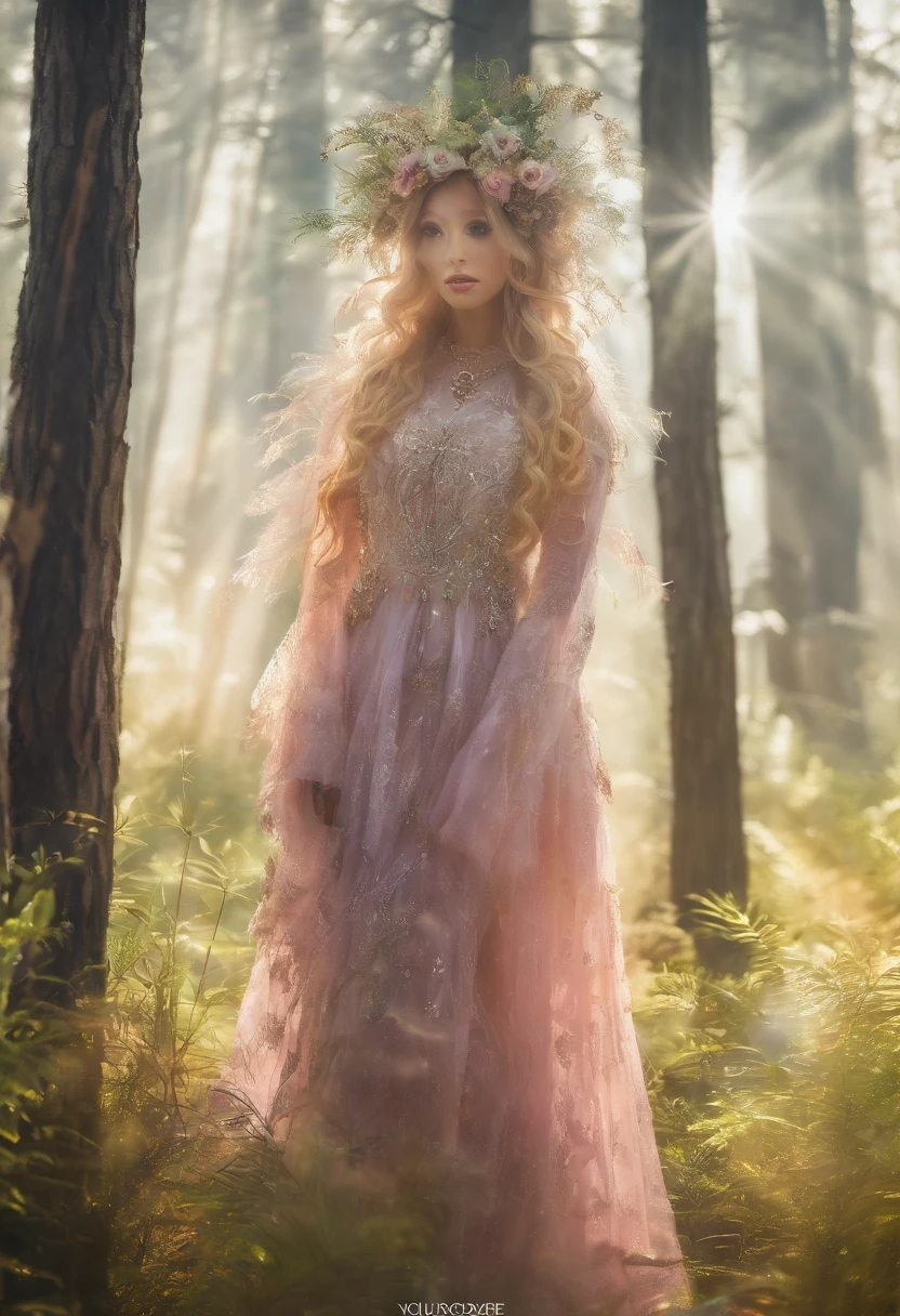 yuki,Fog pine,rays of sunshine,thin fog,dingdall effect,super-fine,tmasterpiece,8k,depth of fields,ultra - detailed,Meticulous portrayal