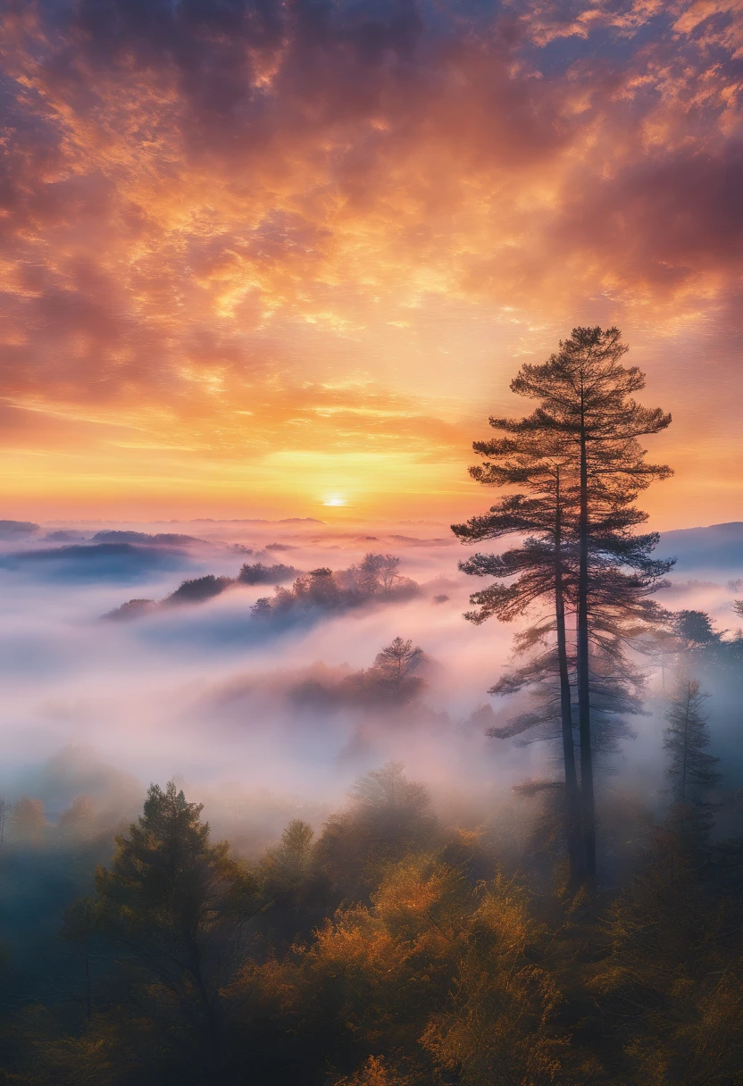 yuki,Fog pine,rays of sunshine,thin fog,dingdall effect,super-fine,tmasterpiece,8k,depth of fields,ultra - detailed,Meticulous portrayal