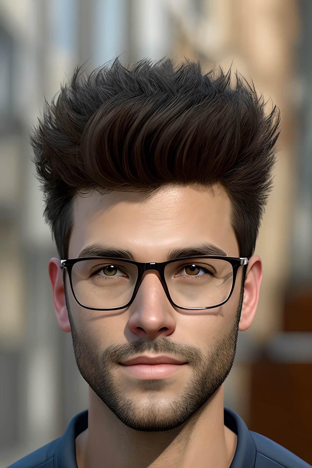 sci-fi, Space Soldier Boy, (smirk:1.1), cabelo curto, armadura clara, mostrando o rosto, grandes olhos castanhos, pele branca, cabelo preto, wearing prescription glasses, belos olhos detalhado, realistic, aparecia nerd, black hair, barba preta, Space scenery in the background.