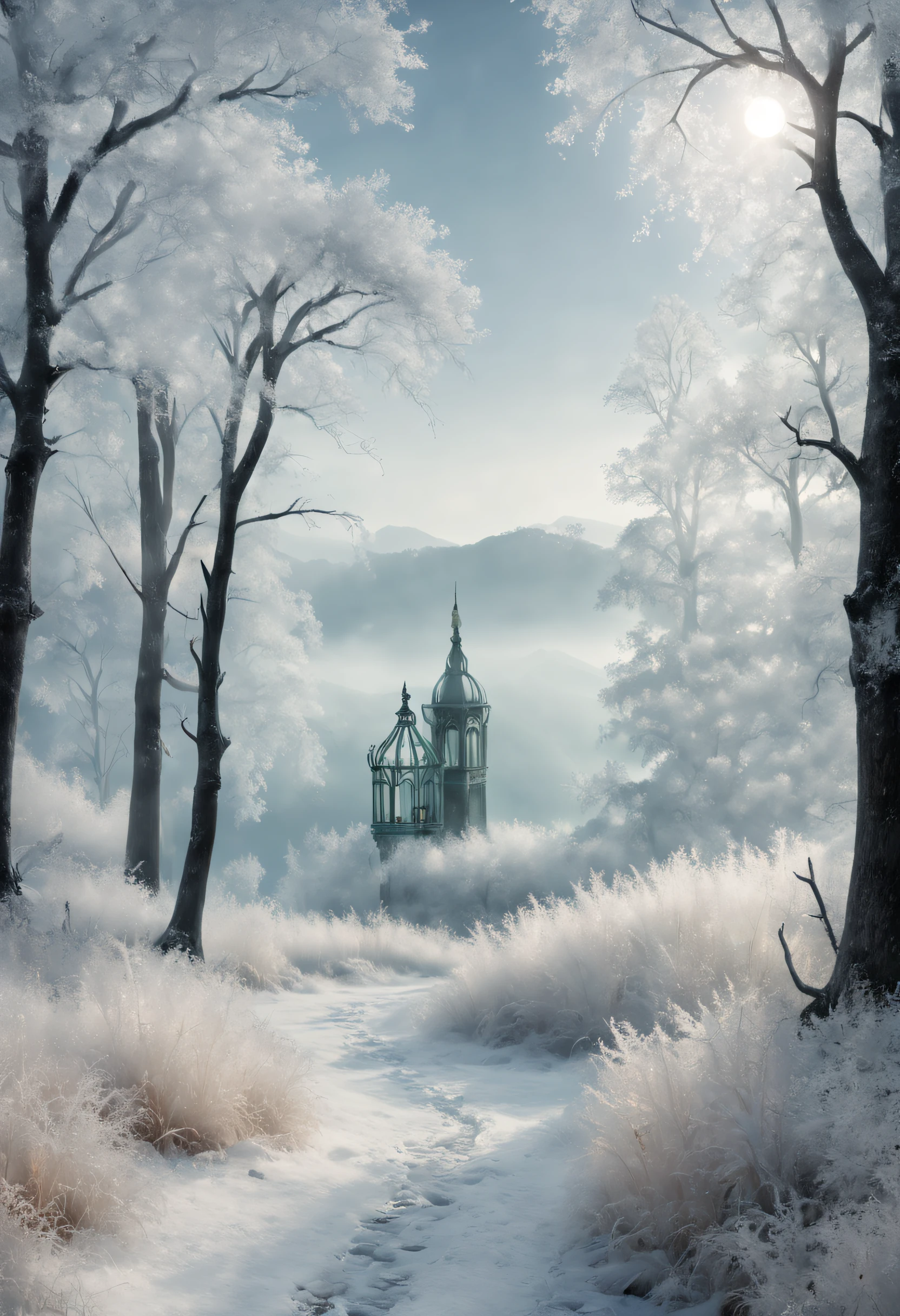 W00len, (Best quality, Masterpiece) ,The beautiful scenery of the rime is a mysterious and silent sight.In this world, The earth was shrouded in a thin layer of mist, It's as if a layer of gauze is wrapped around the ground.From a distance, Green trees, Buildings and grass were covered with white mist, In this rime, The trees were wrapped in frost, Tiny ice crystals sparkle on every leaf and branch, Shining with a faint light.Under the moonlight, The whole world seems to be shrouded in a mysterious screen, Exudes an attractive sheen.Beautiful soft snow rime between these icy woods, Glowing, Ethereal, Night sky, (Clear glass bottle: 1.5), Reflection, glistening stars, Soft rime landscape, magical scene, Beautiful colors, Pastel tones, Warm golden glow, And the peaceful atmosphere. The whole scene is rendered by the fog into a mysterious and gorgeous picture, Every detail is full of magic and mystery.In this world, Time seems to have stood still, Everything is immersed in a fantastic atmosphere, UHD, masterpiece, ccurate, anatomically correct, super detail, 8k, best quality