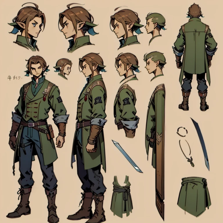 ((character concept art)),((Character design sheet、Same Role、facade、side face、on back))Character cover for Maple Story,Video game character design,Video game character design,expert high detail concept art,metal slug concept art,Interesting character design,inspiration,((character concept art)), ((Character design sheet, same character, front, side)) Video game character design, Rolois, half-elf, Arrogant, Dark hair, waistcoat, long sleeves, pale skin, sword, scar on face, middle hair